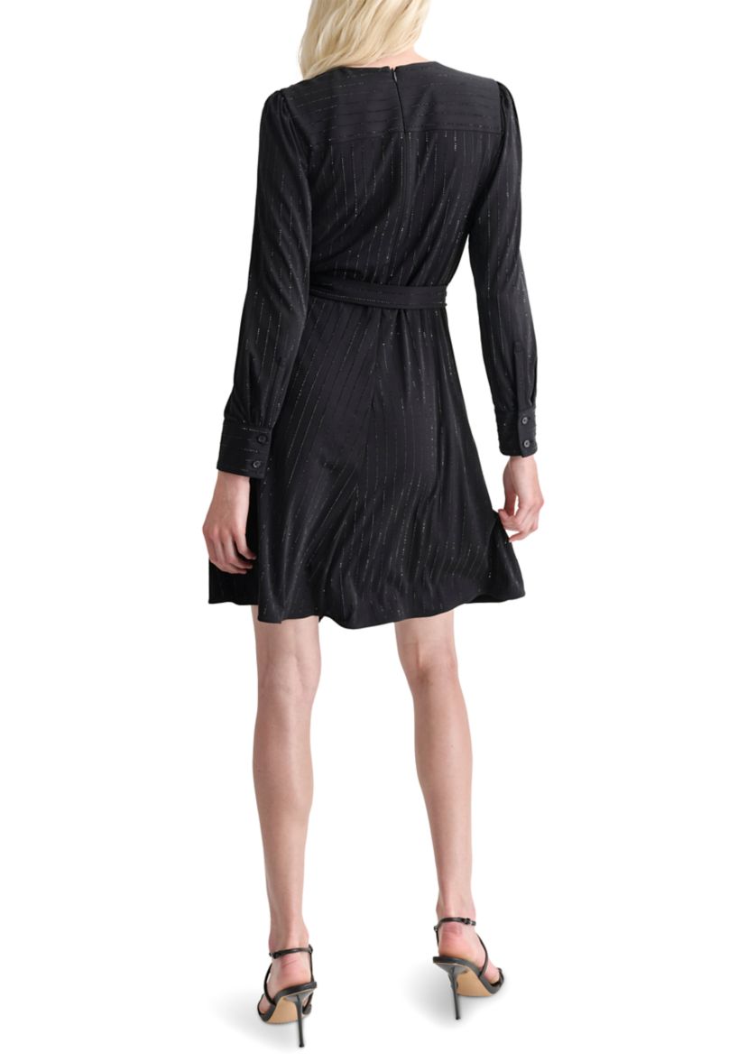 Womens V-Neck Belted Fit and Flare Dress