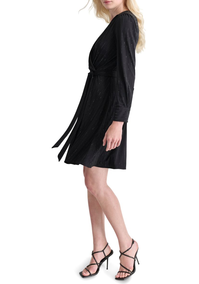 Womens V-Neck Belted Fit and Flare Dress