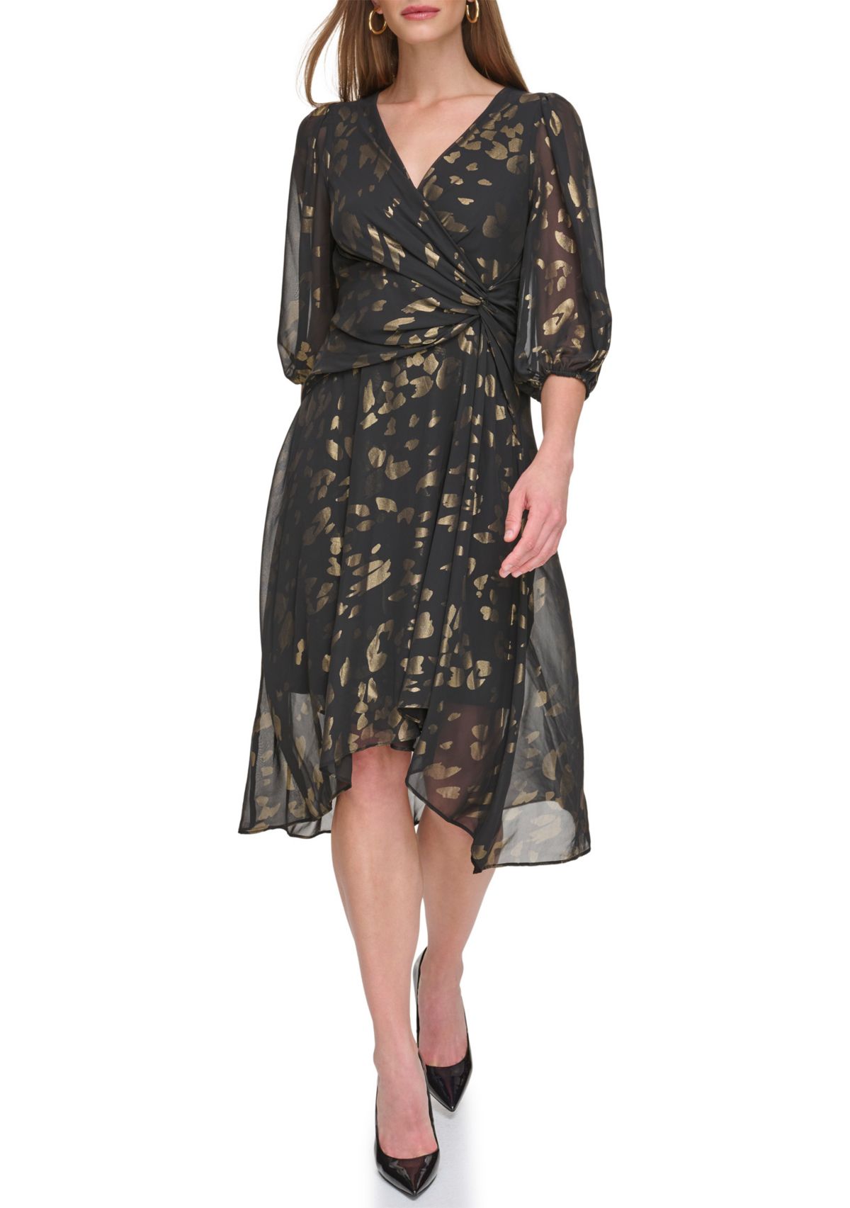 Womens Blouson Sleeve Metallic Animal Print Chiffon Dress 