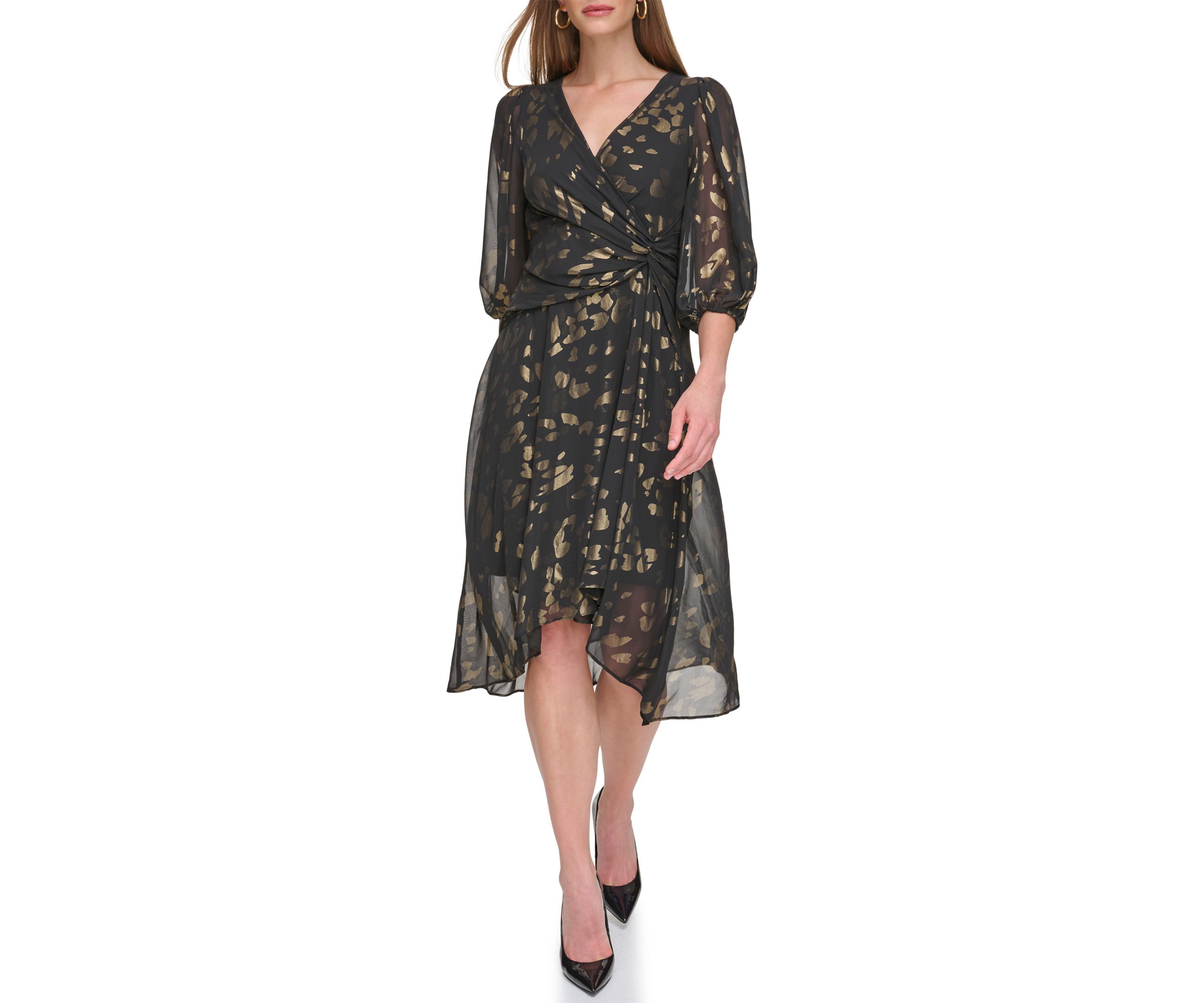 Womens Blouson Sleeve Metallic Animal Print Chiffon Dress 