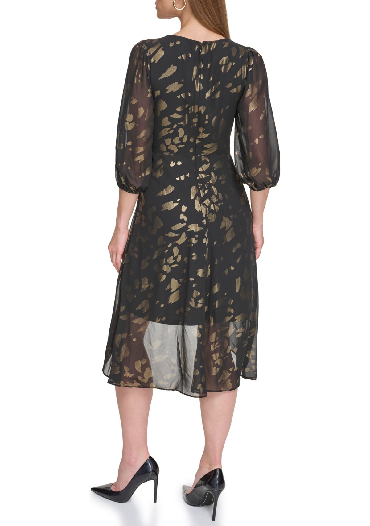 Womens Blouson Sleeve Metallic Animal Print Chiffon Dress 