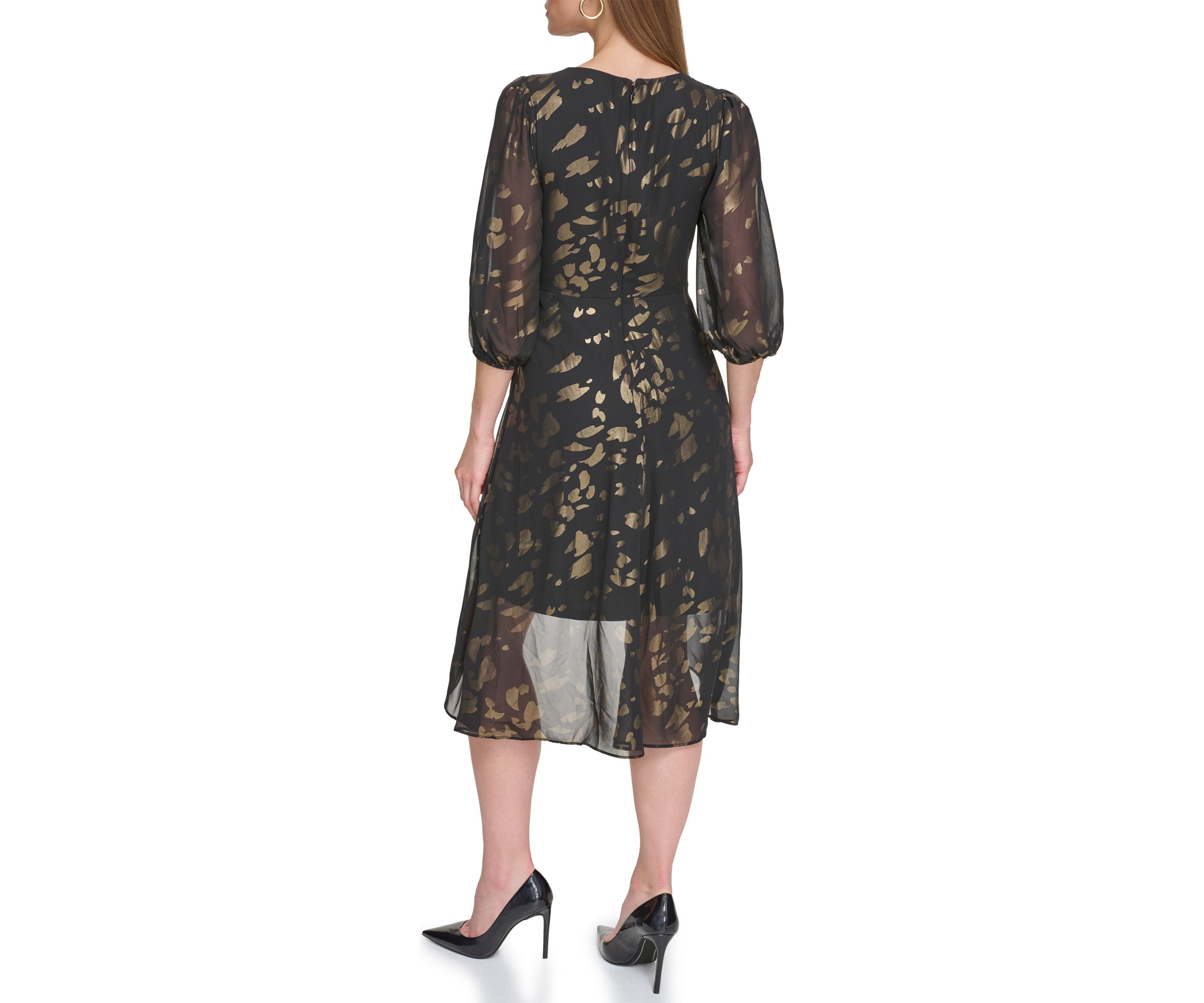 Womens Blouson Sleeve Metallic Animal Print Chiffon Dress 