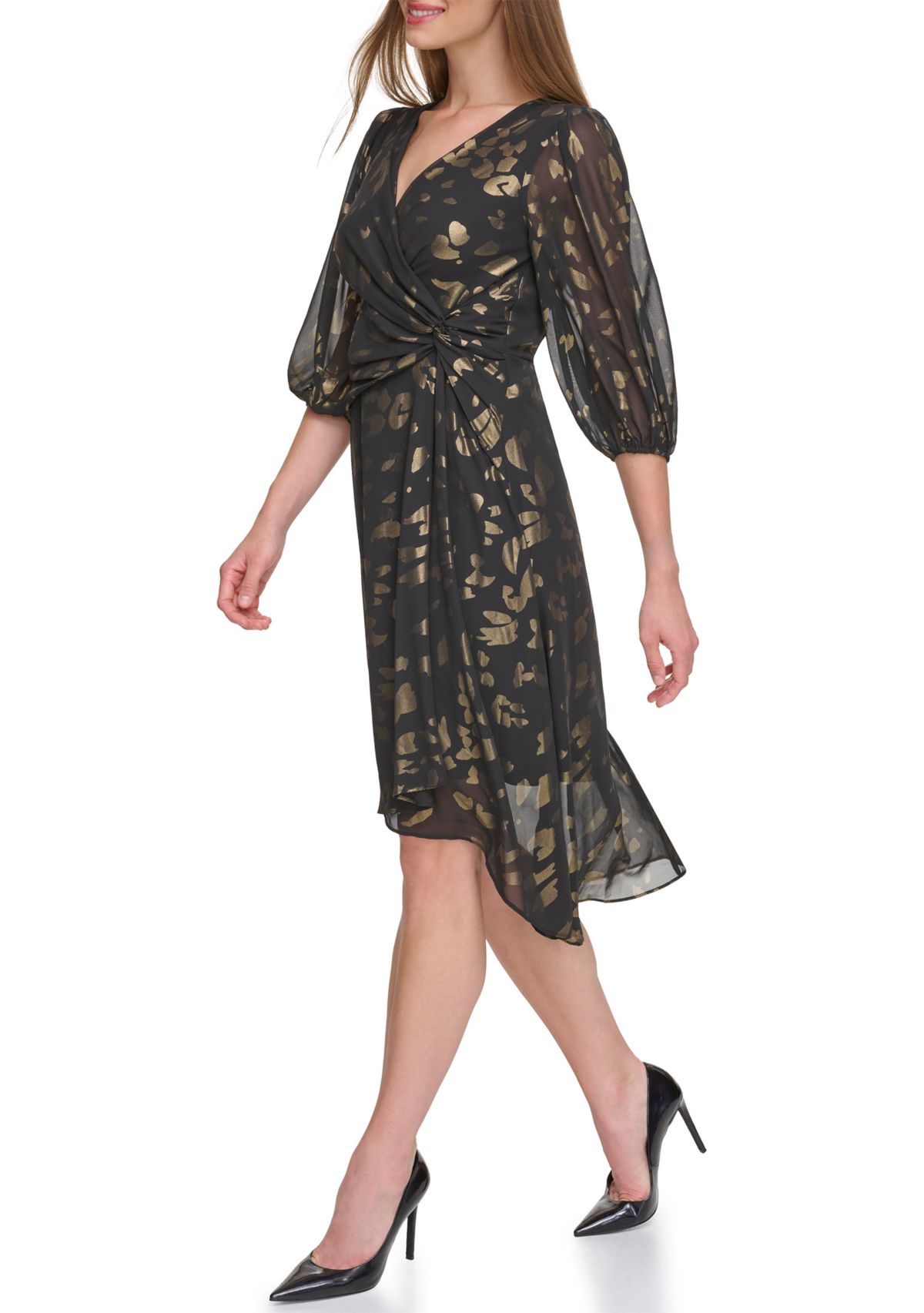 Womens Blouson Sleeve Metallic Animal Print Chiffon Dress 