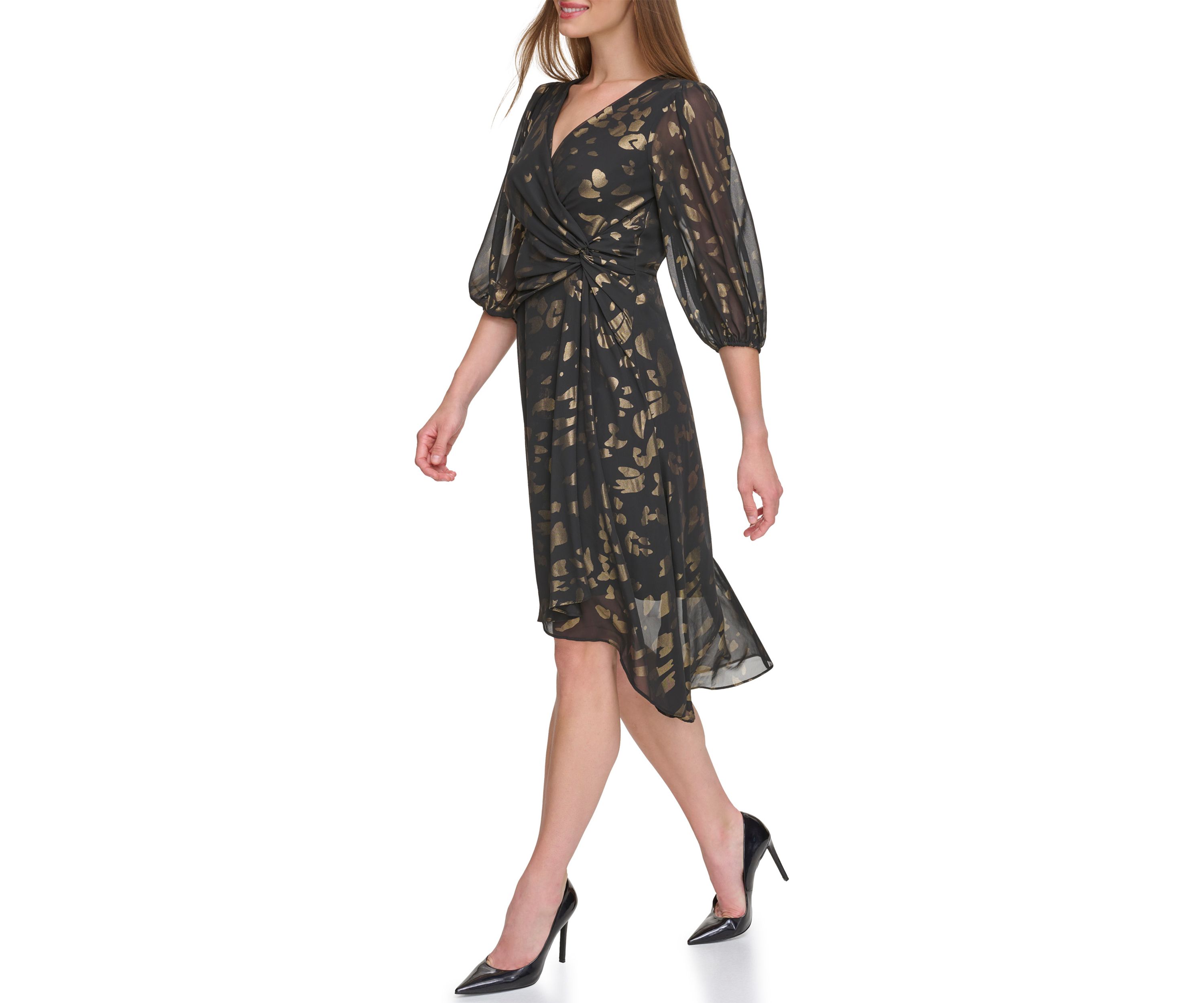 Womens Blouson Sleeve Metallic Animal Print Chiffon Dress 