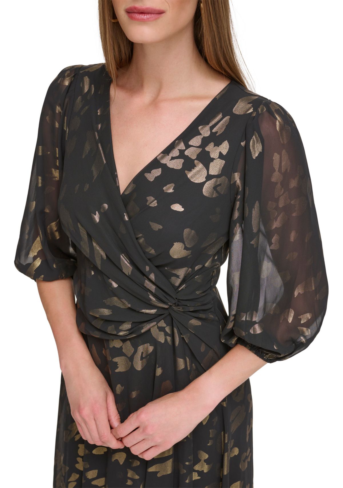 Womens Blouson Sleeve Metallic Animal Print Chiffon Dress 