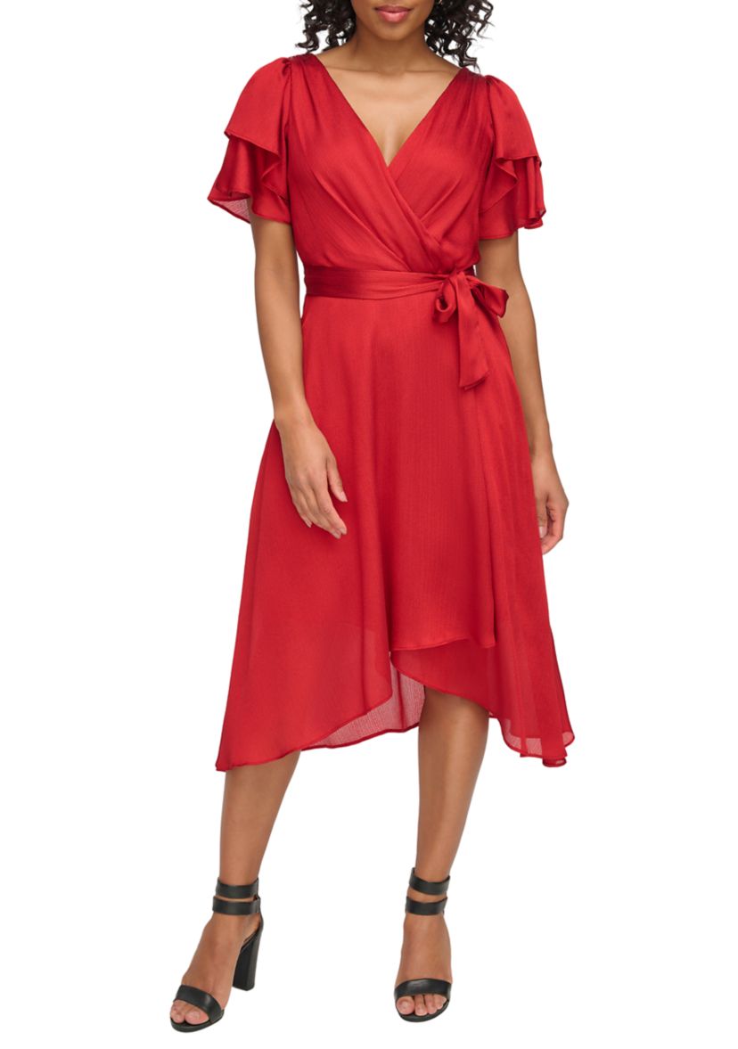 Womens Flutter Sleeve Fit and Flare Dress