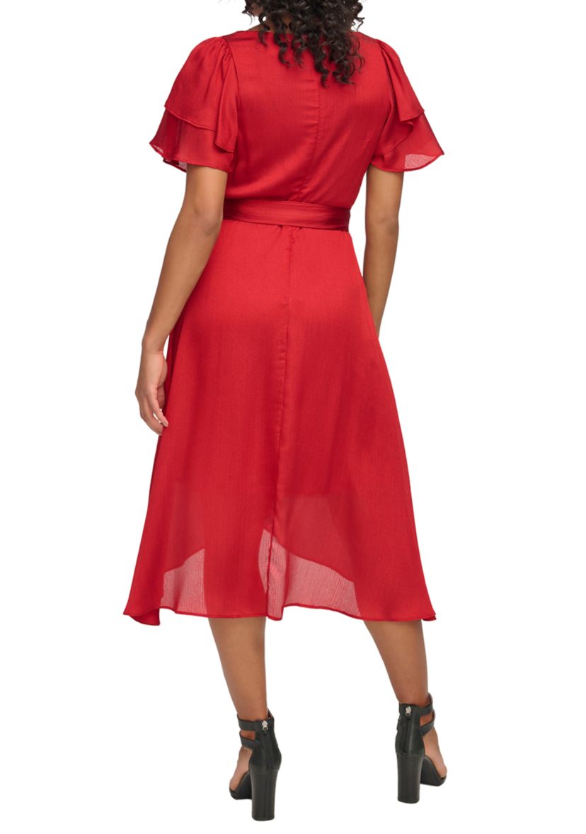 Womens Flutter Sleeve Fit and Flare Dress