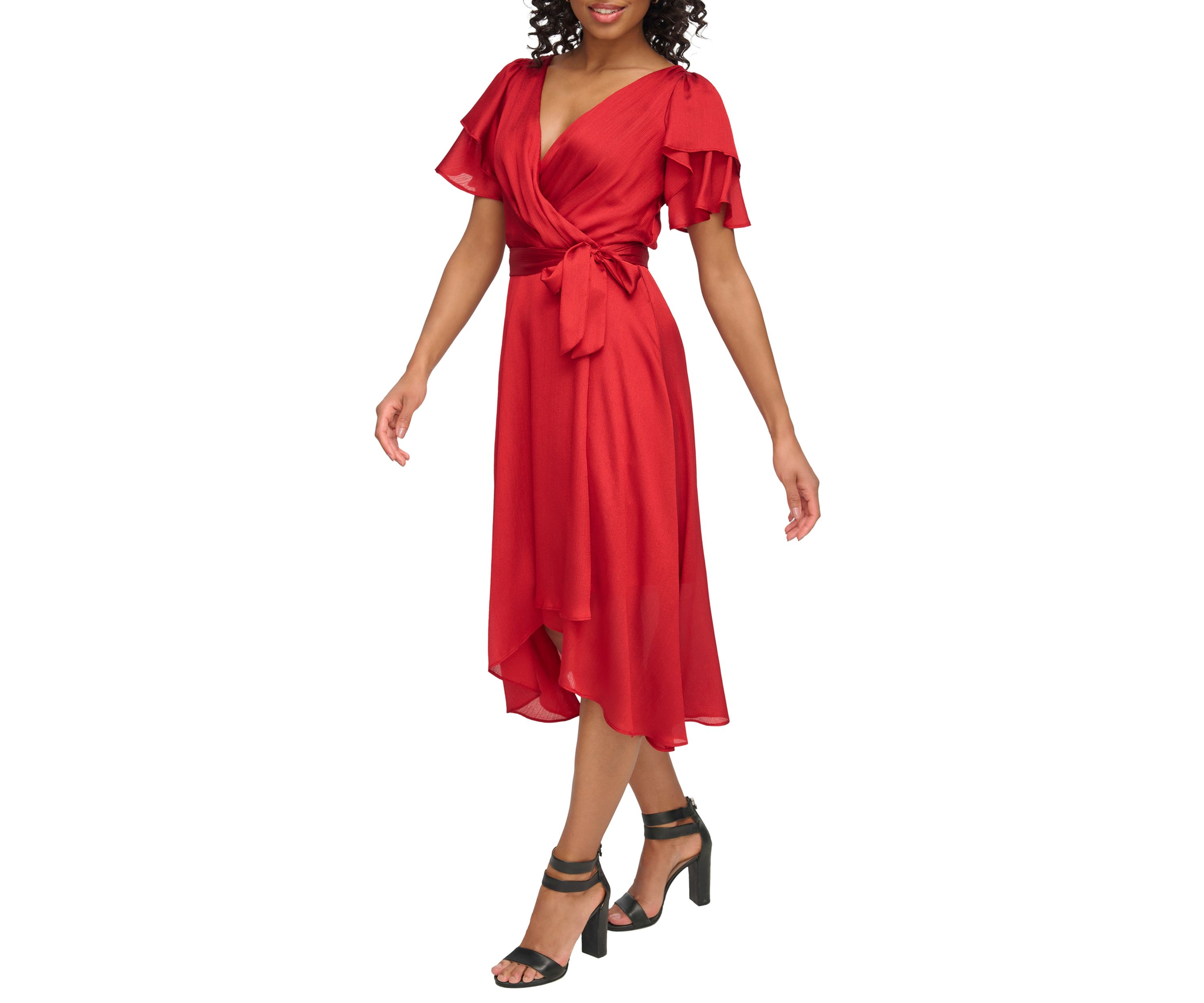 Womens Flutter Sleeve Fit and Flare Dress