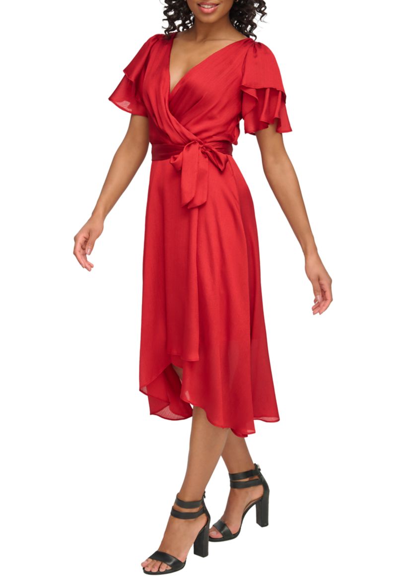 Womens Flutter Sleeve Fit and Flare Dress