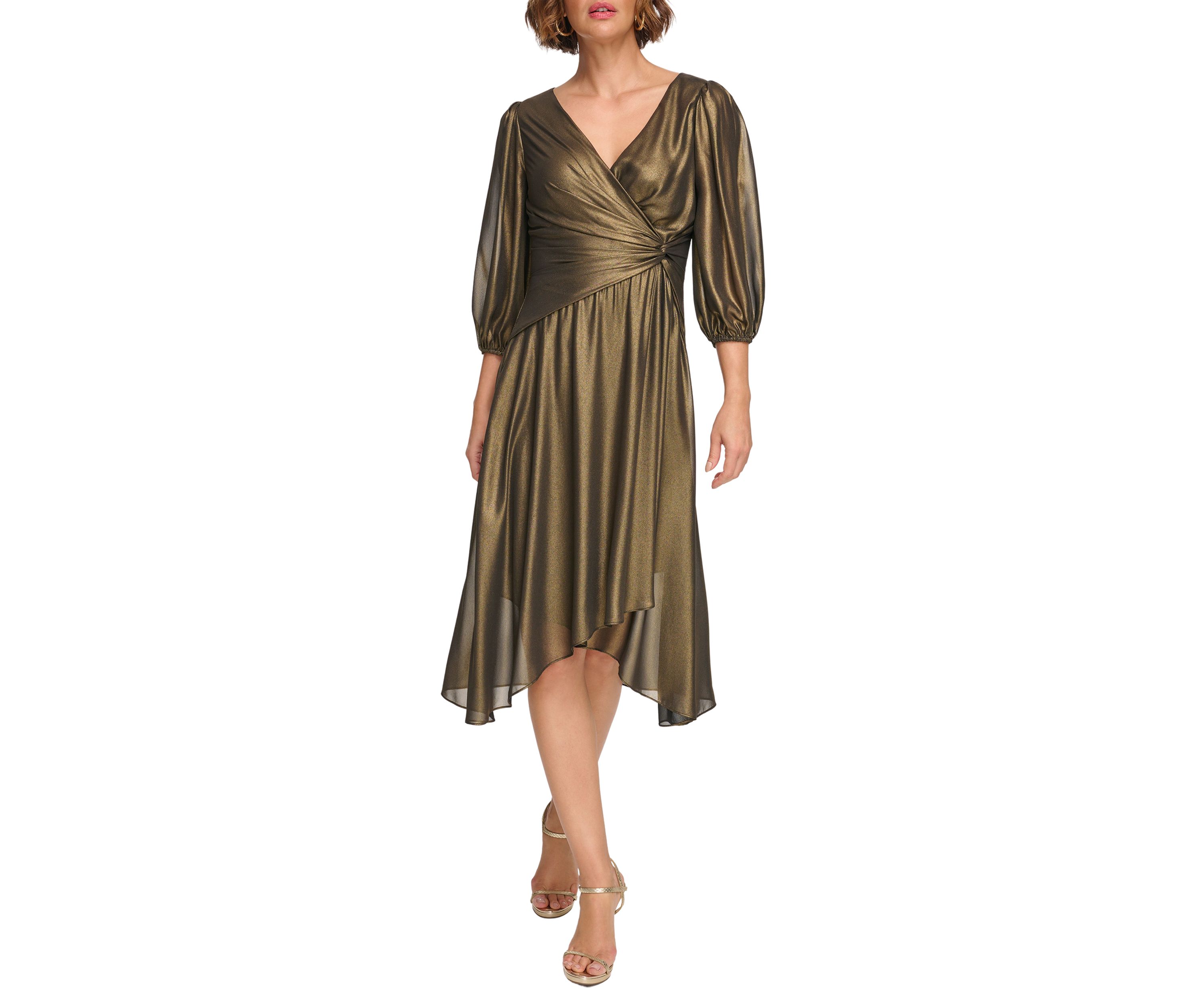 Womens Blouson Sleeve Metallic Fit and Flare Dress