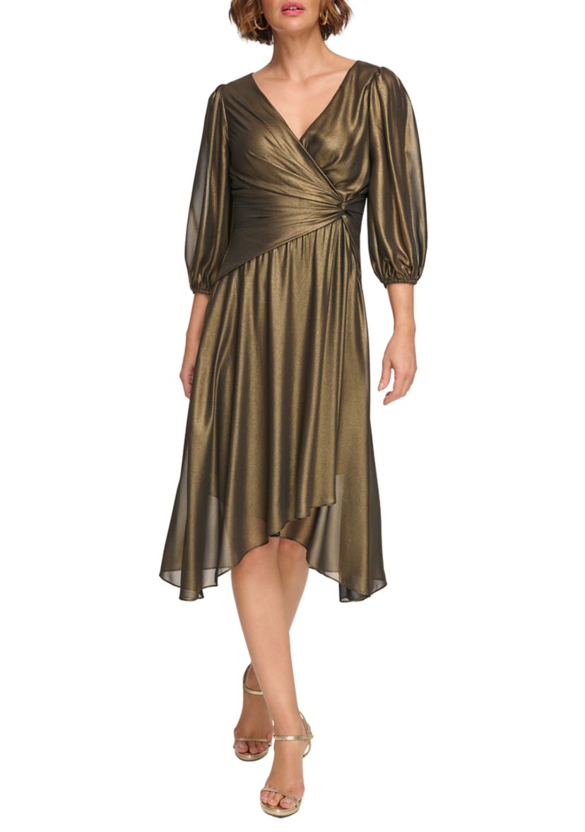 Womens Blouson Sleeve Metallic Fit and Flare Dress