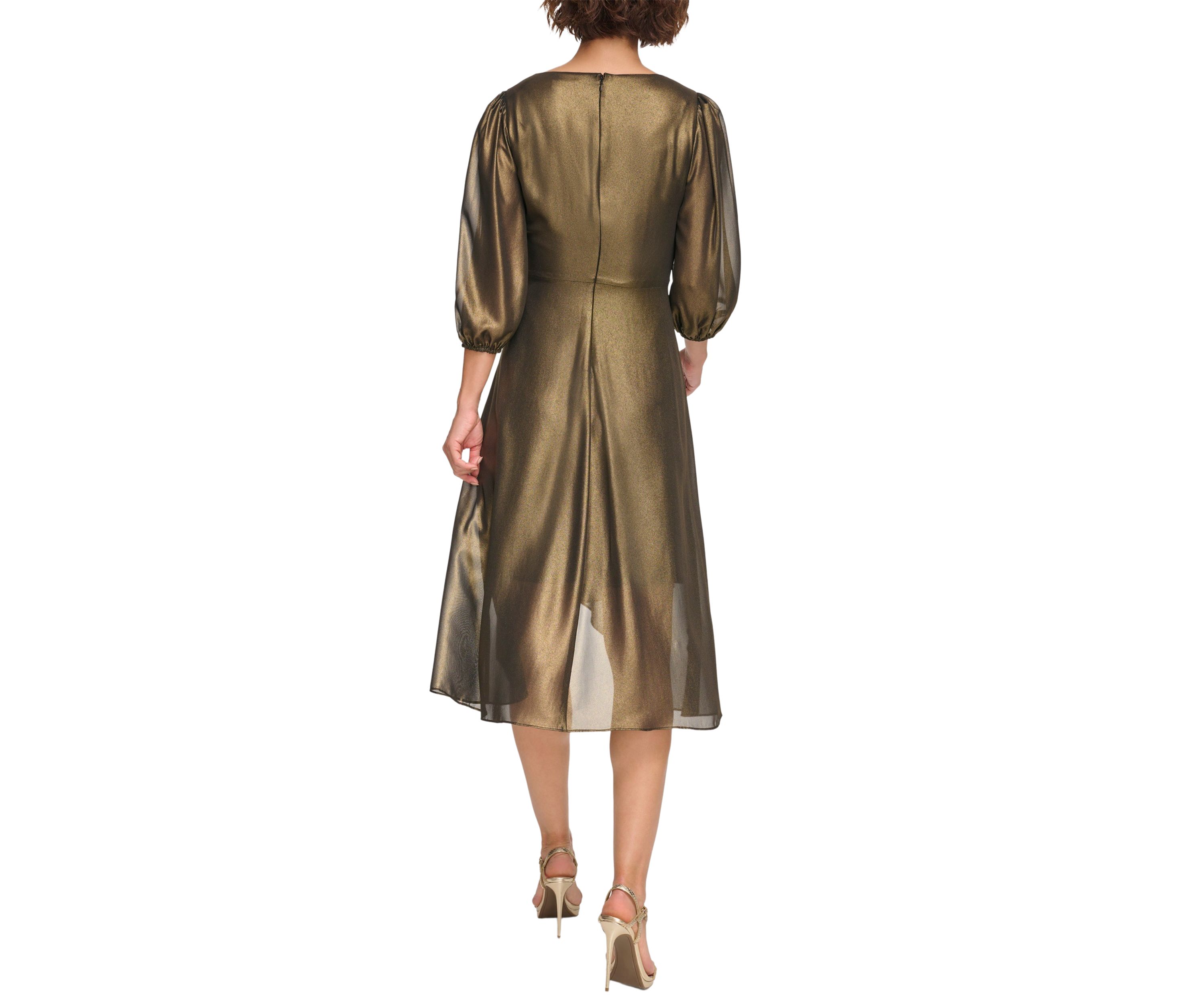 Womens Blouson Sleeve Metallic Fit and Flare Dress