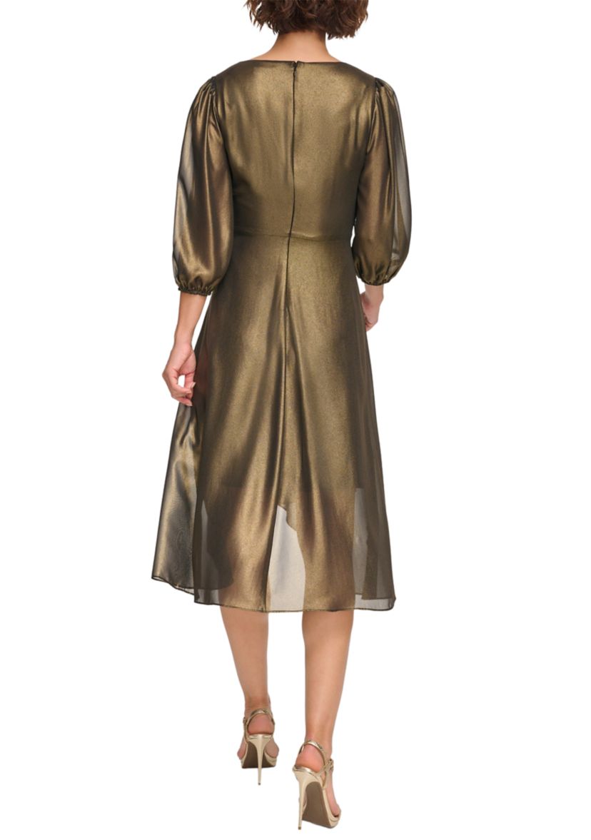 Womens Blouson Sleeve Metallic Fit and Flare Dress