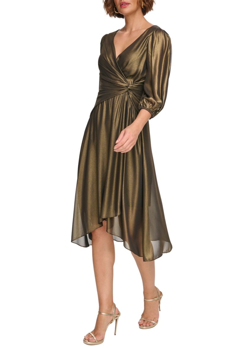 Womens Blouson Sleeve Metallic Fit and Flare Dress