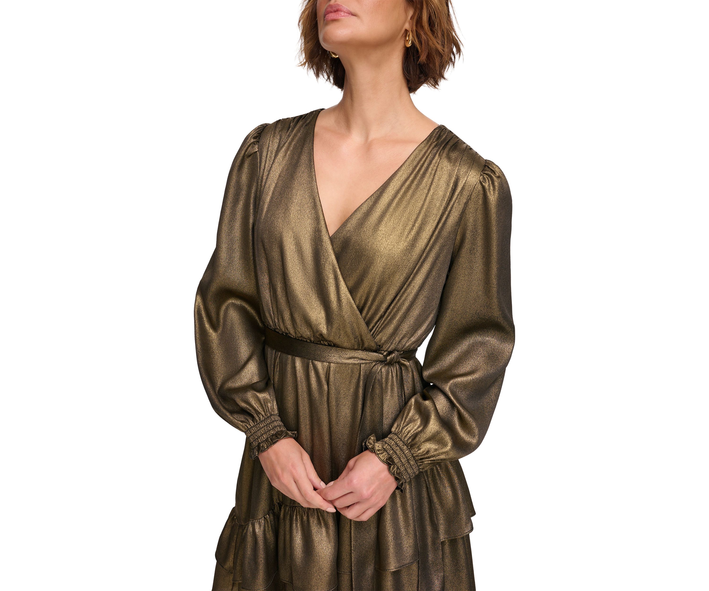 Womens Blouson Sleeve Metallic Fit and Flare Dress
