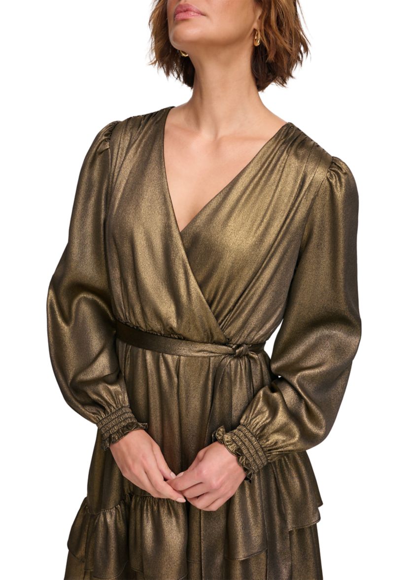 Womens Blouson Sleeve Metallic Fit and Flare Dress