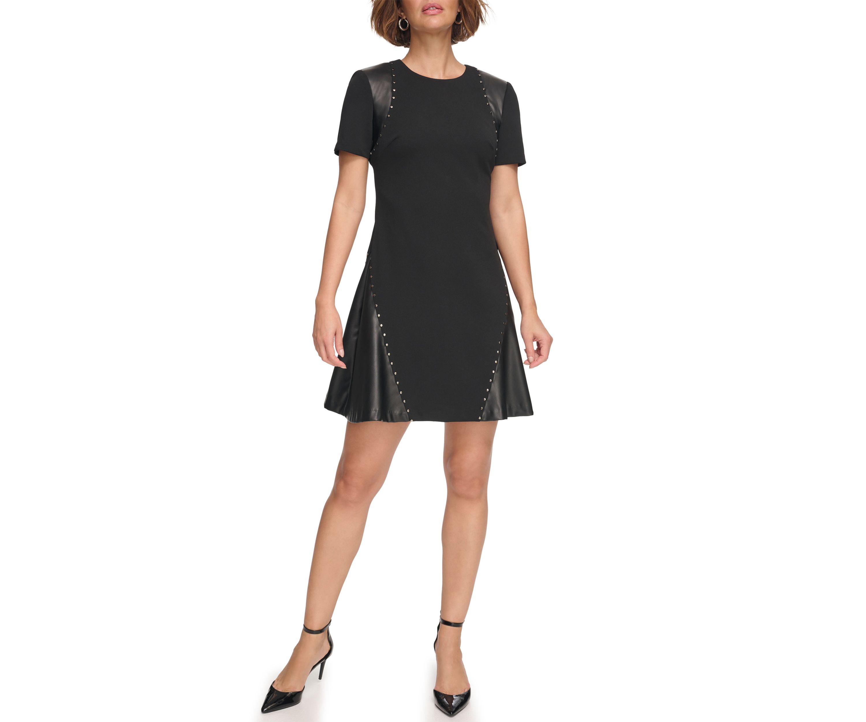 Womens Short Sleeve Leather Detail Flare Sheath Dress