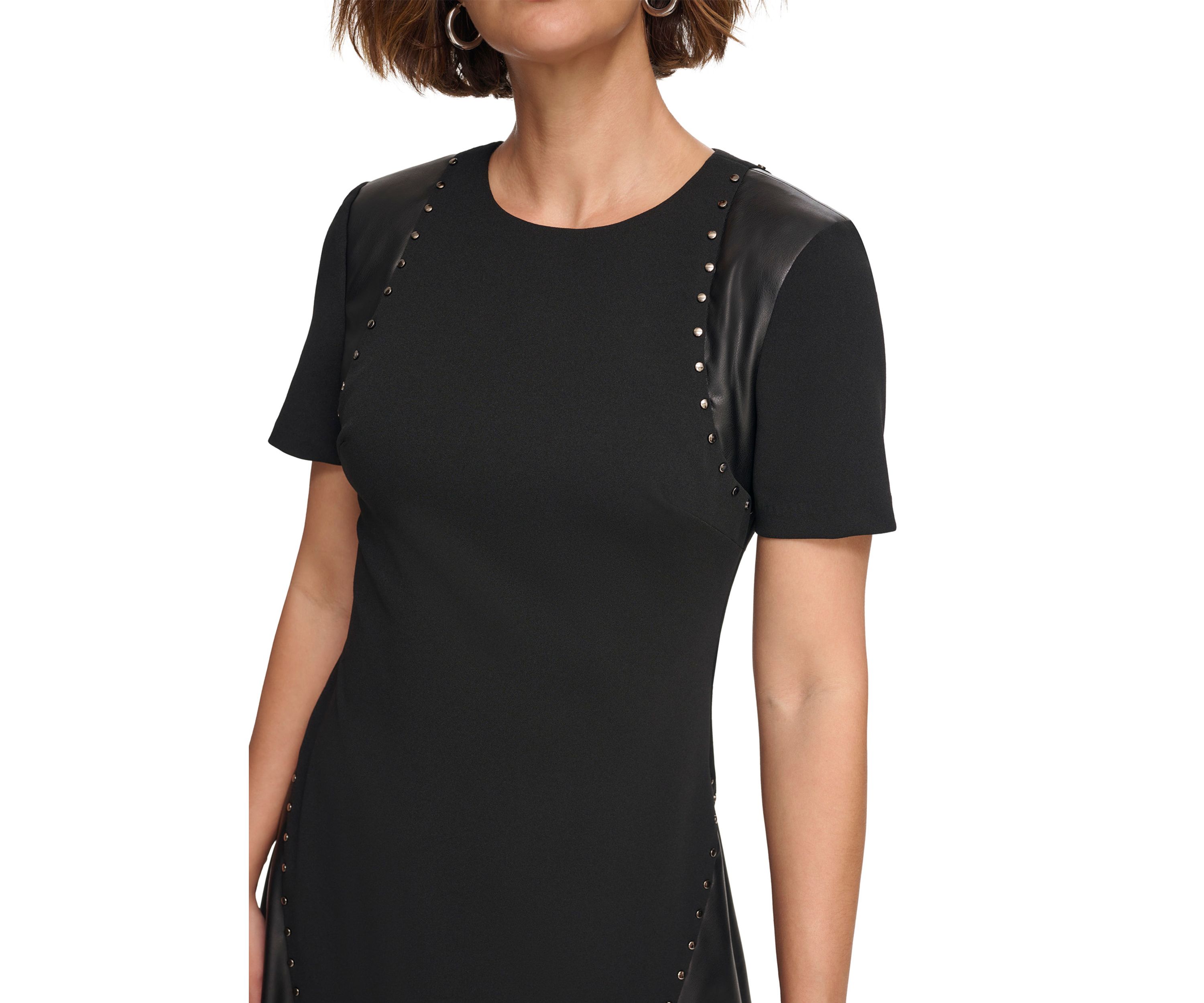 Womens Short Sleeve Leather Detail Flare Sheath Dress
