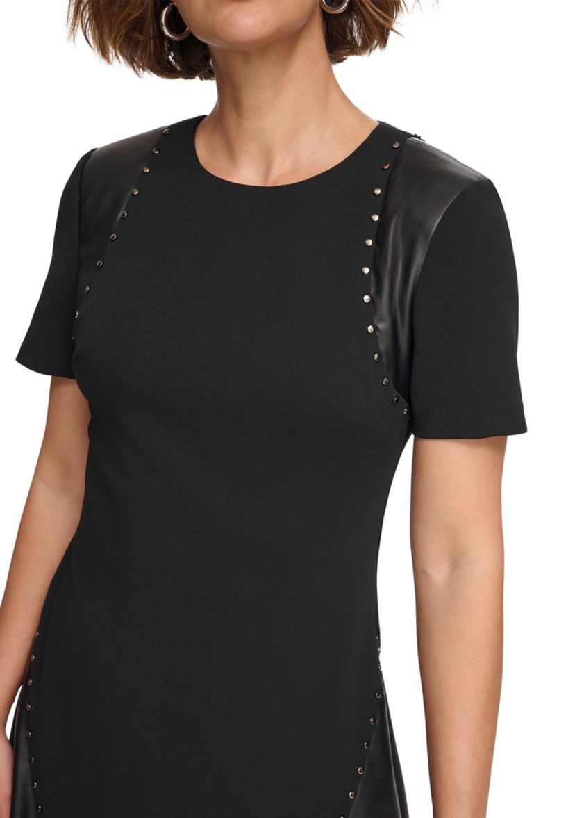 Womens Short Sleeve Leather Detail Flare Sheath Dress
