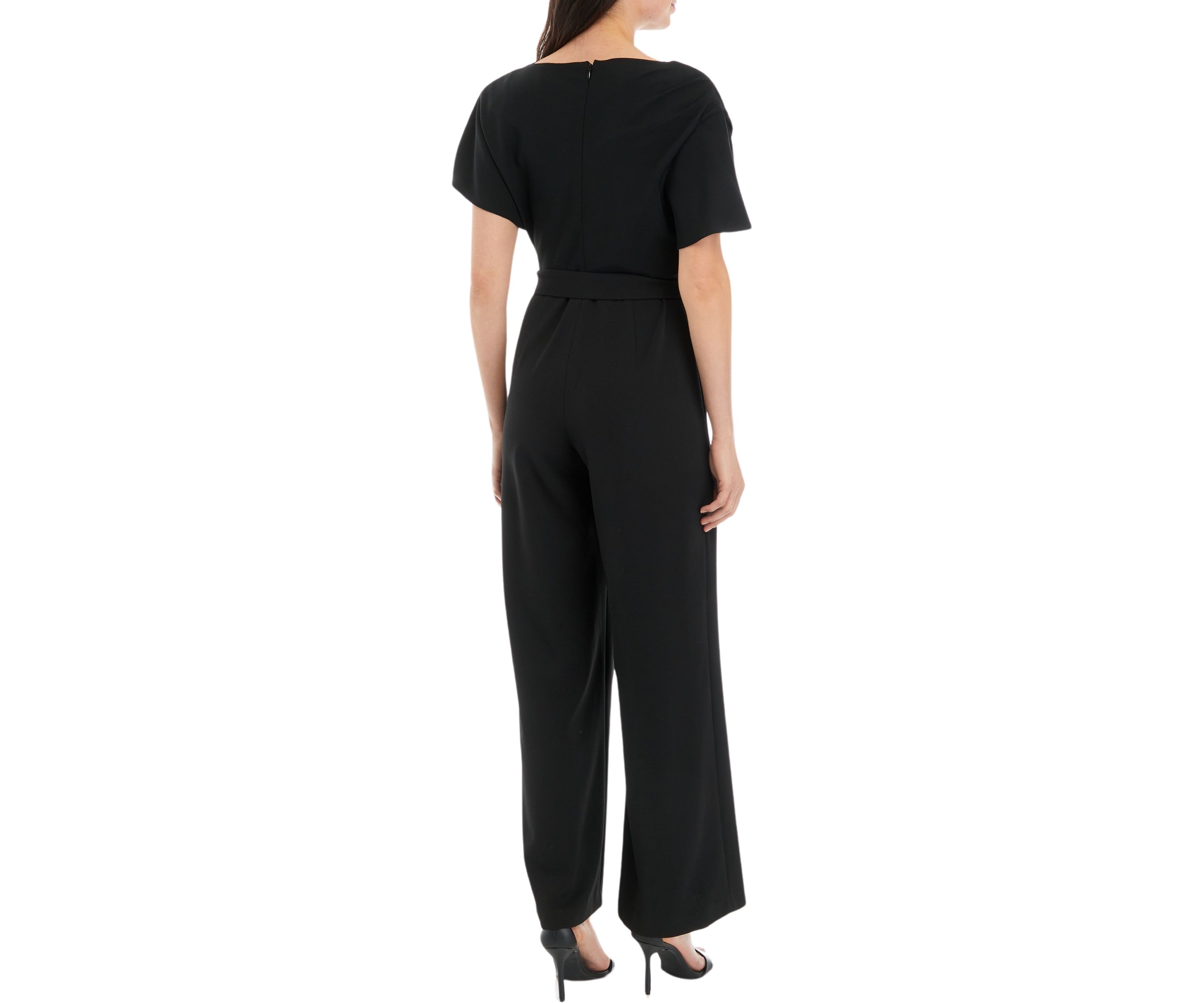 Womens Short Sleeve Solid Tie Waist Jumpsuit
