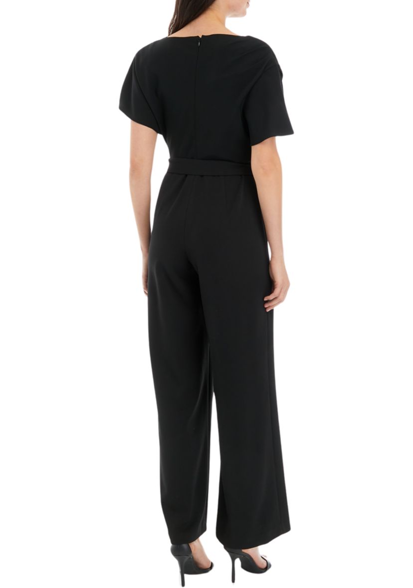 Womens Short Sleeve Solid Tie Waist Jumpsuit