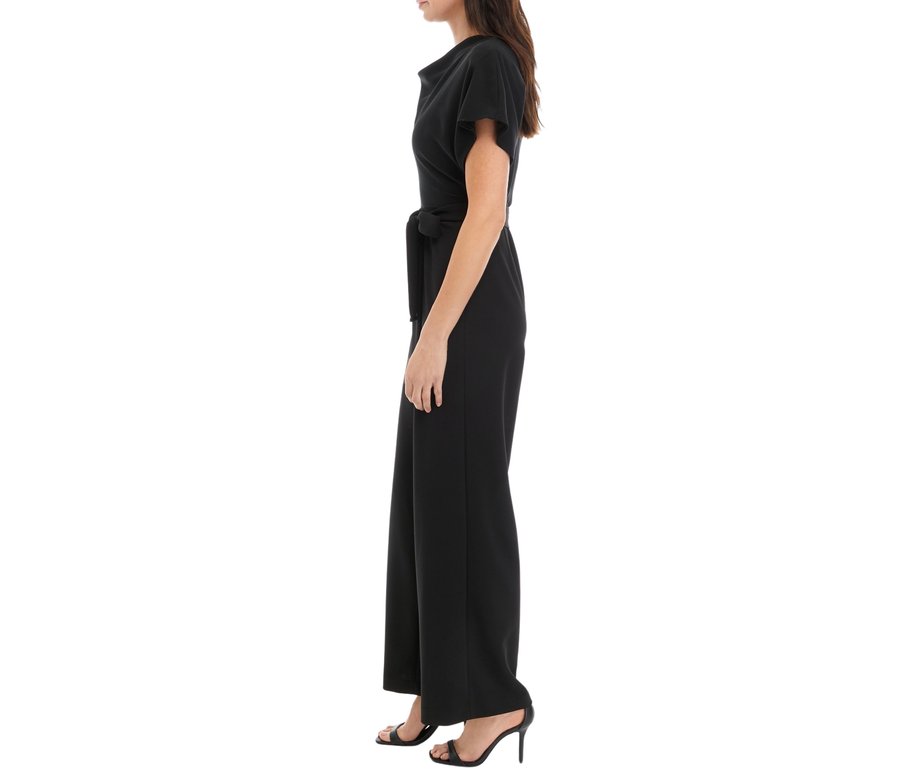 Womens Short Sleeve Solid Tie Waist Jumpsuit