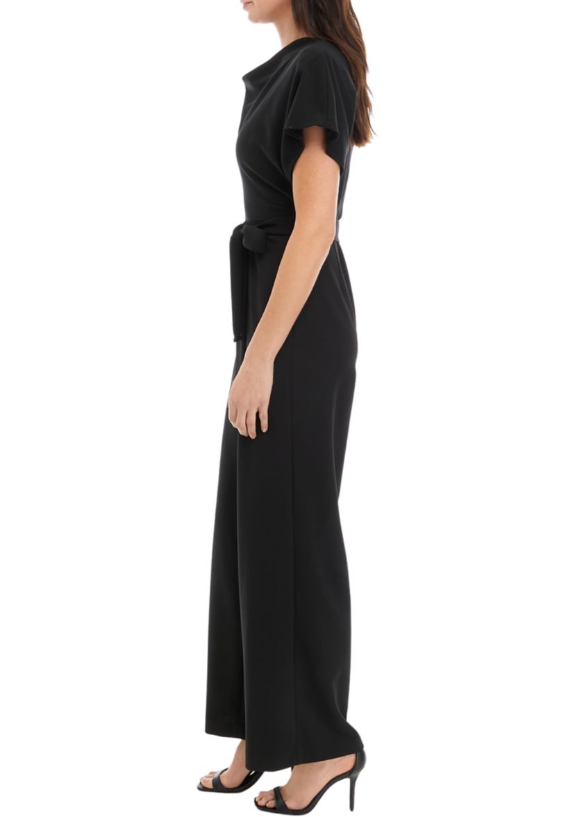 Womens Short Sleeve Solid Tie Waist Jumpsuit