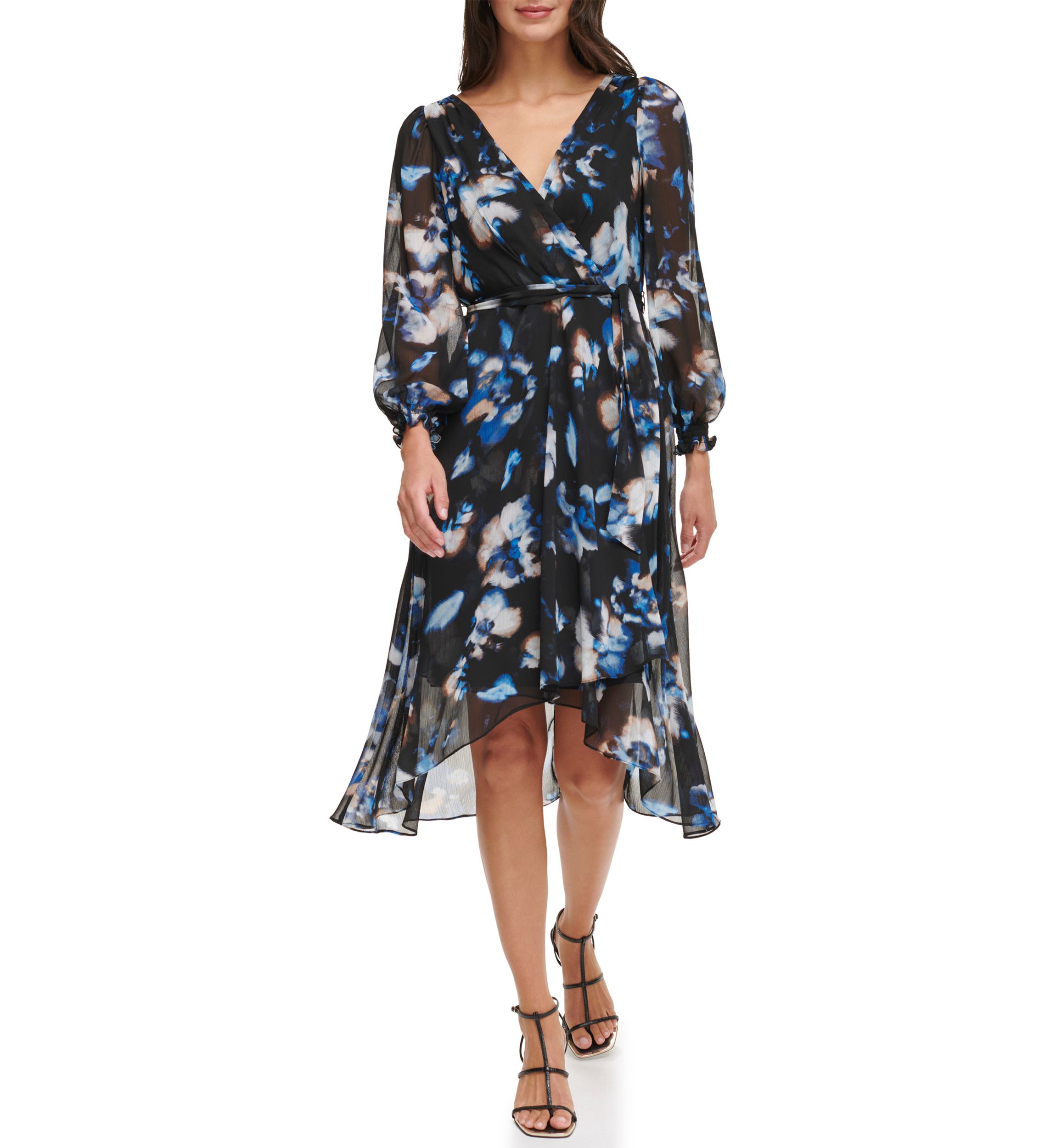 Womens 3/4 Sleeve V-Neck Printed Tie Waist Fit and Flare Dress