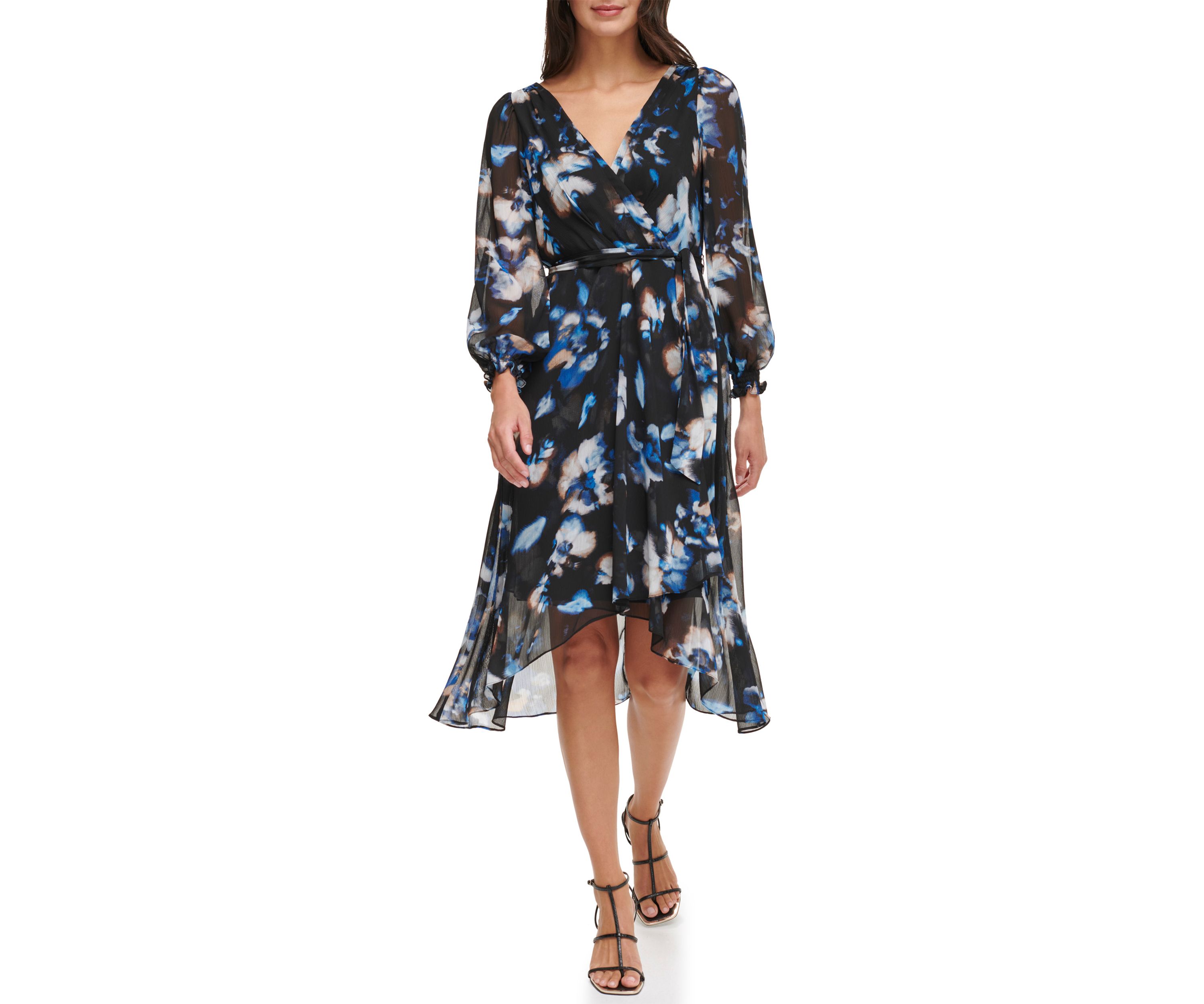 Womens 3/4 Sleeve V-Neck Printed Tie Waist Fit and Flare Dress