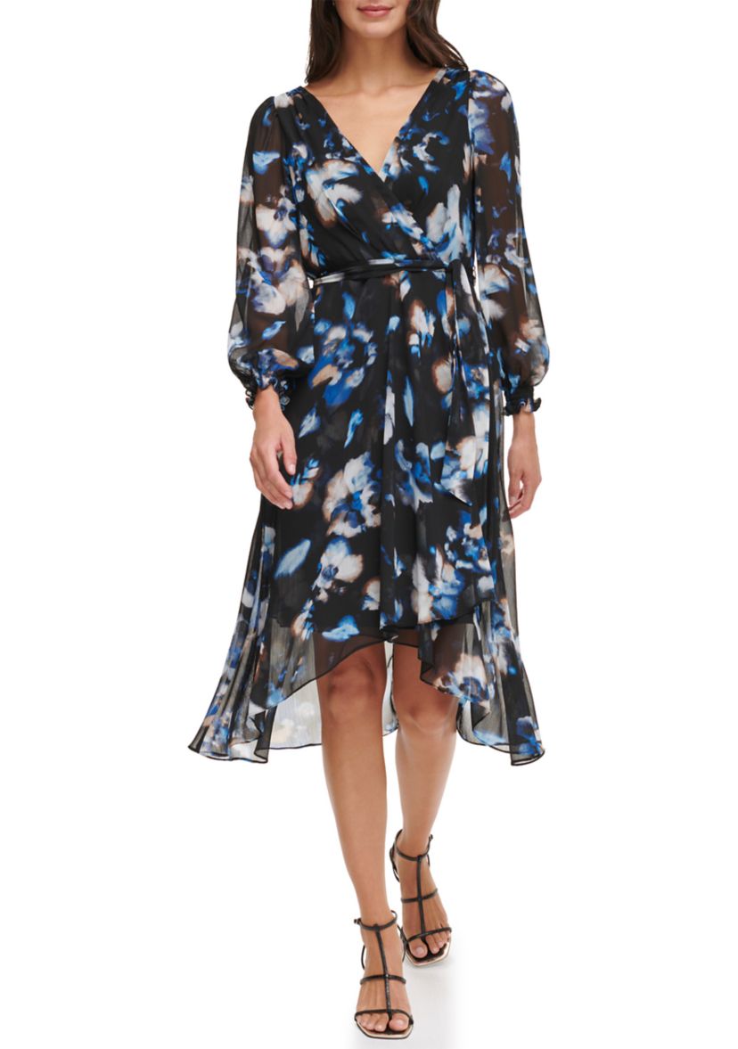 Womens 3/4 Sleeve V-Neck Printed Tie Waist Fit and Flare Dress