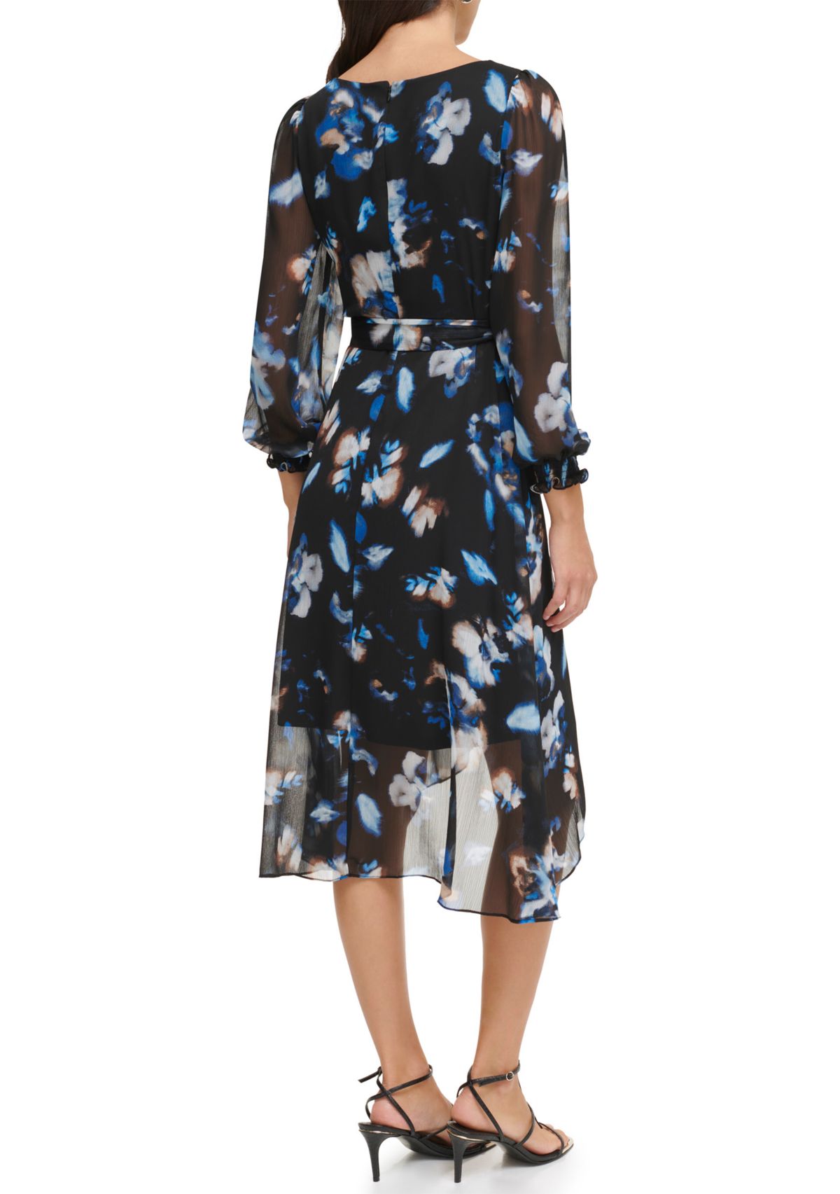 Womens 3/4 Sleeve V-Neck Printed Tie Waist Fit and Flare Dress