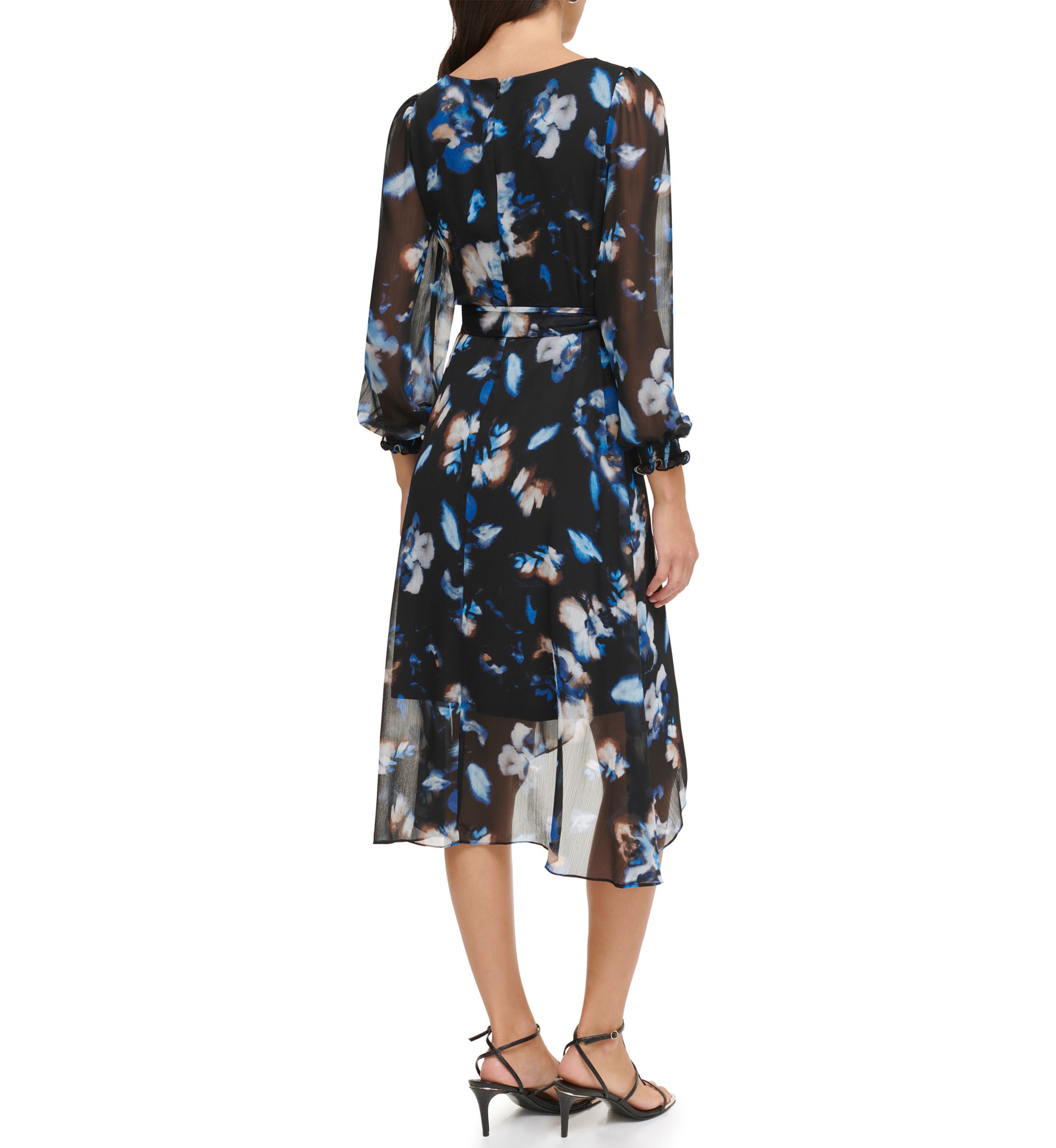 Womens 3/4 Sleeve V-Neck Printed Tie Waist Fit and Flare Dress