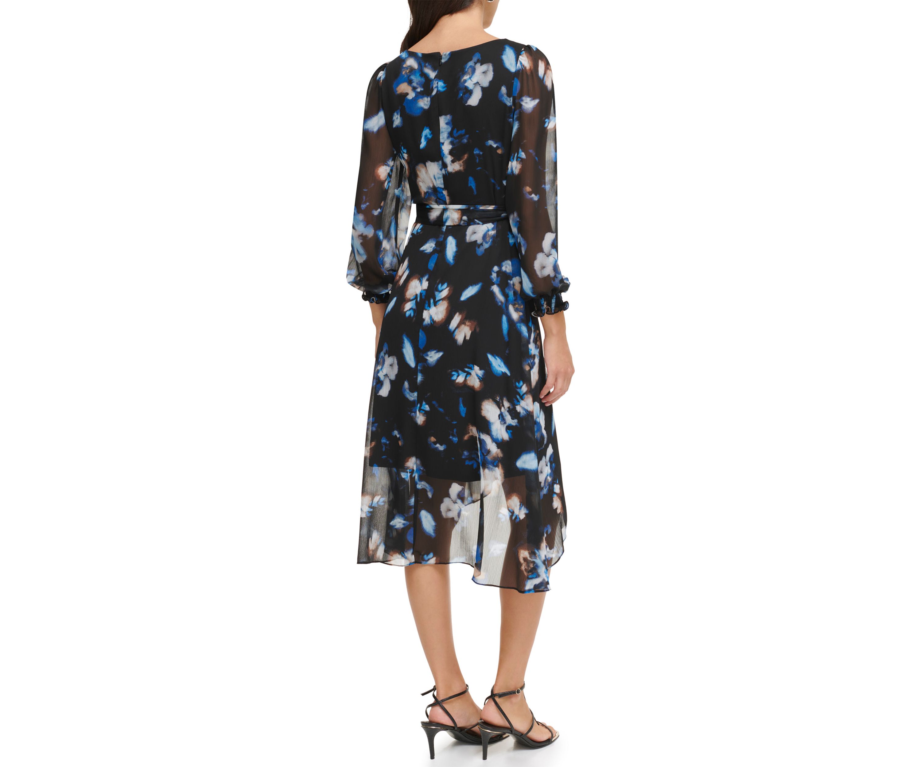 Womens 3/4 Sleeve V-Neck Printed Tie Waist Fit and Flare Dress