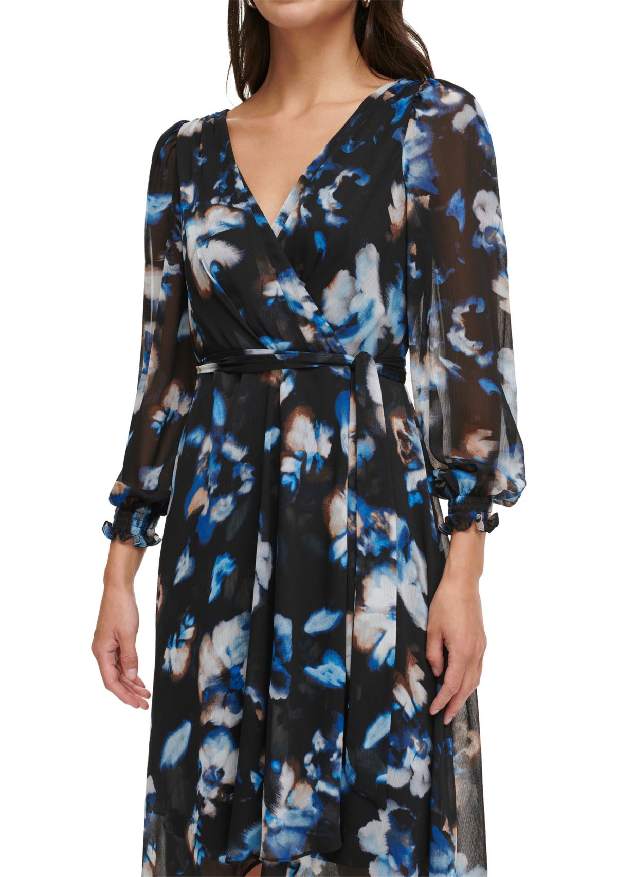 Womens 3/4 Sleeve V-Neck Printed Tie Waist Fit and Flare Dress