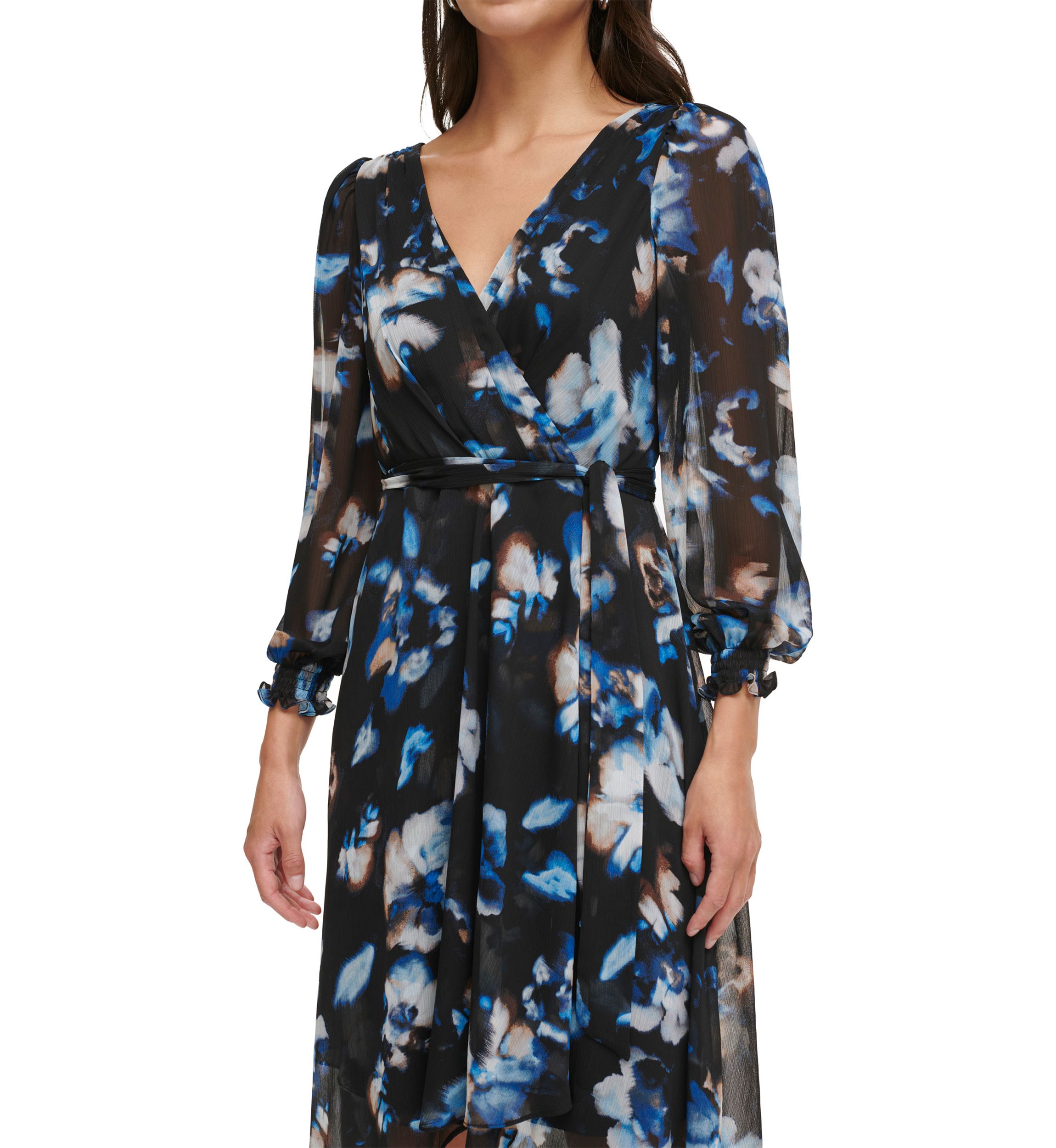 Womens 3/4 Sleeve V-Neck Printed Tie Waist Fit and Flare Dress