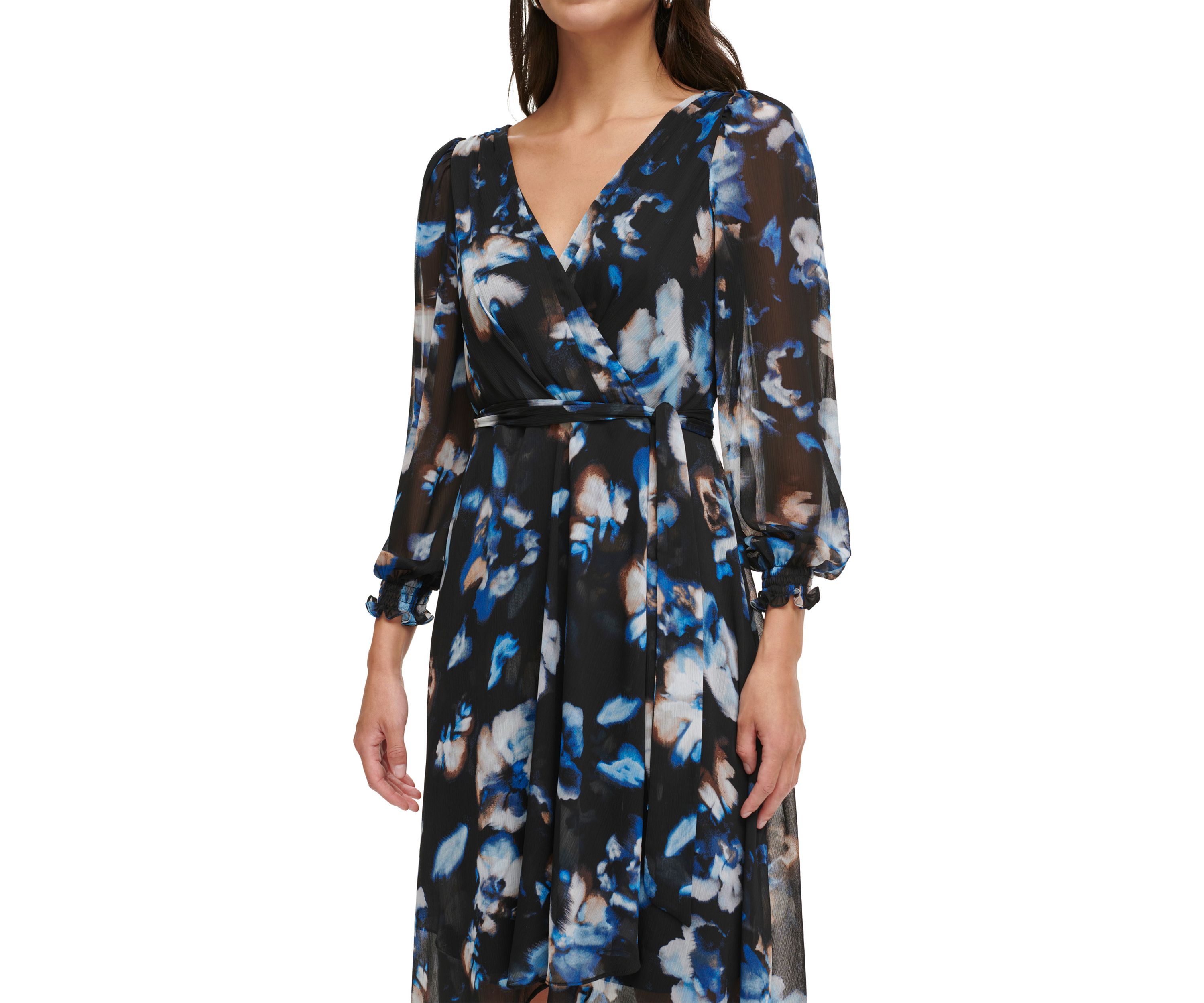 Womens 3/4 Sleeve V-Neck Printed Tie Waist Fit and Flare Dress