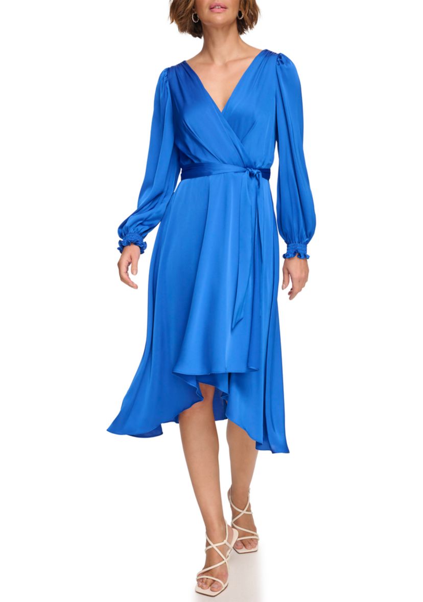 Womens Blouson Sleeve Tie Wrap Dress