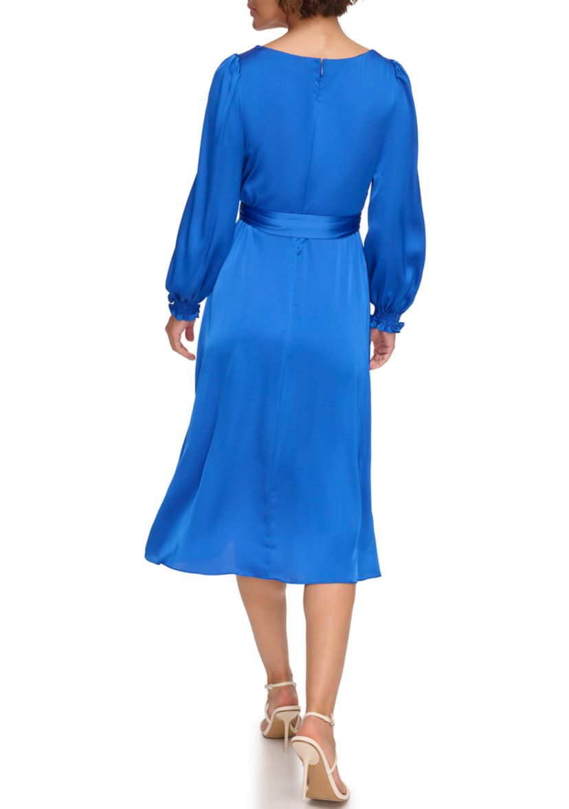 Womens Blouson Sleeve Tie Wrap Dress