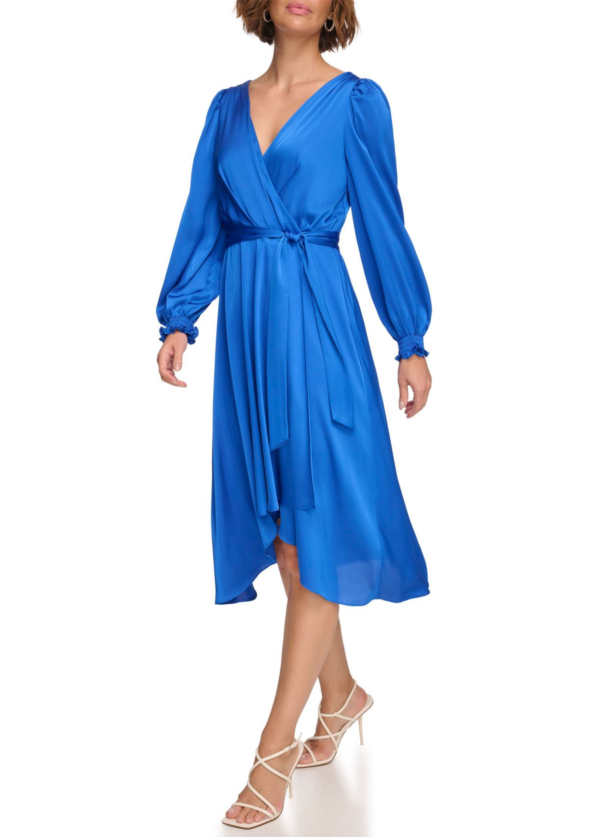 Womens Blouson Sleeve Tie Wrap Dress