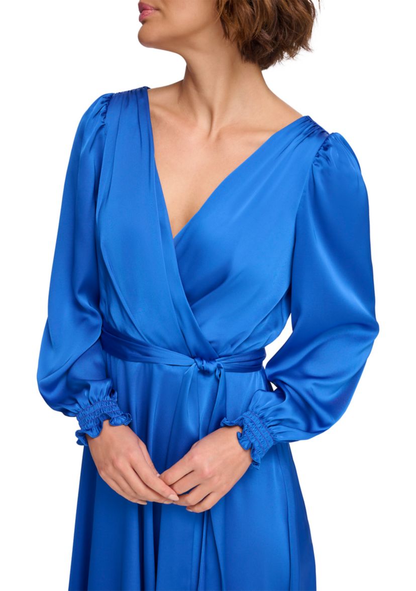 Womens Blouson Sleeve Tie Wrap Dress