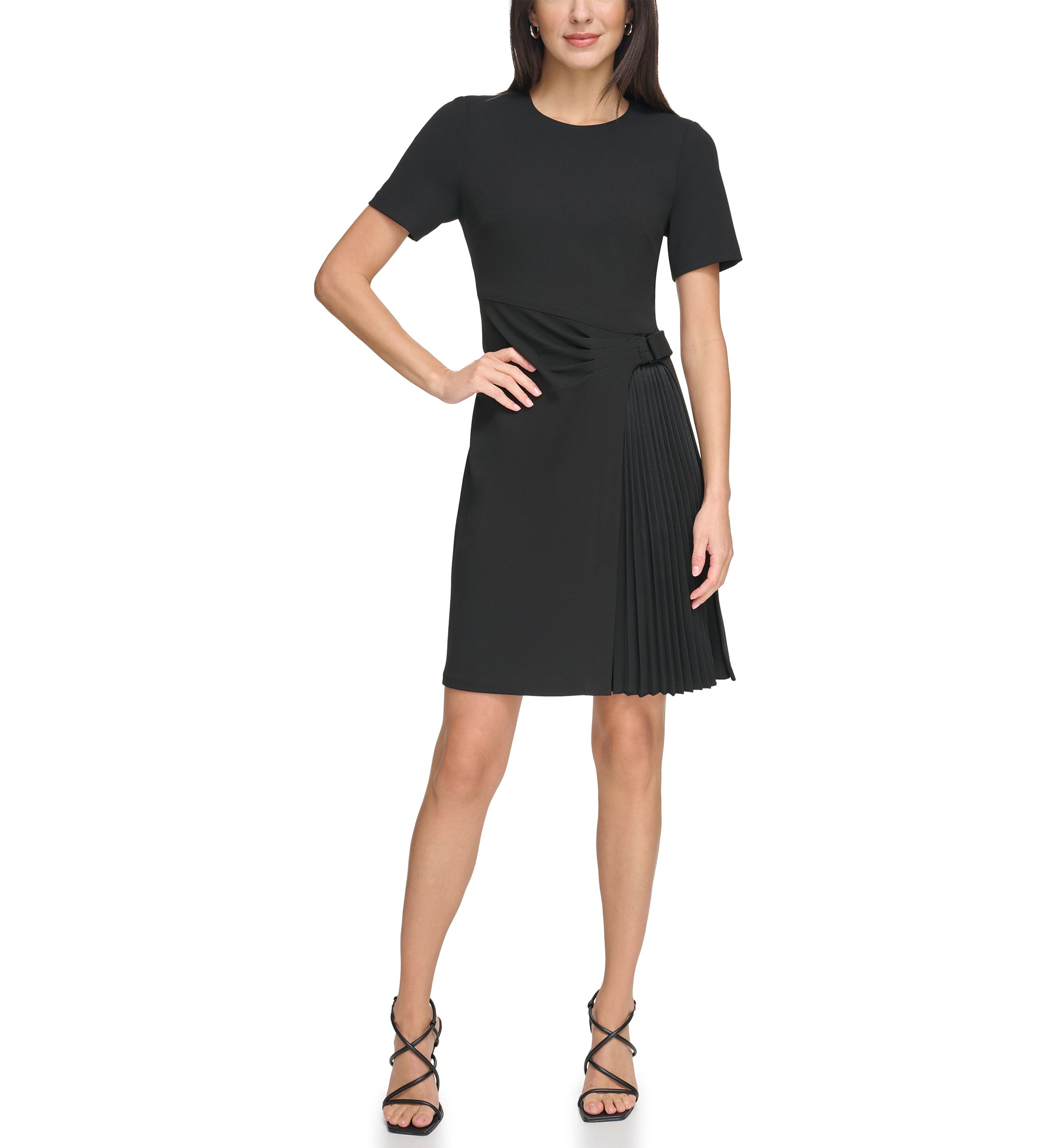 Womens Short Sleeve Belt Waist Solid Fit and Flare Dress