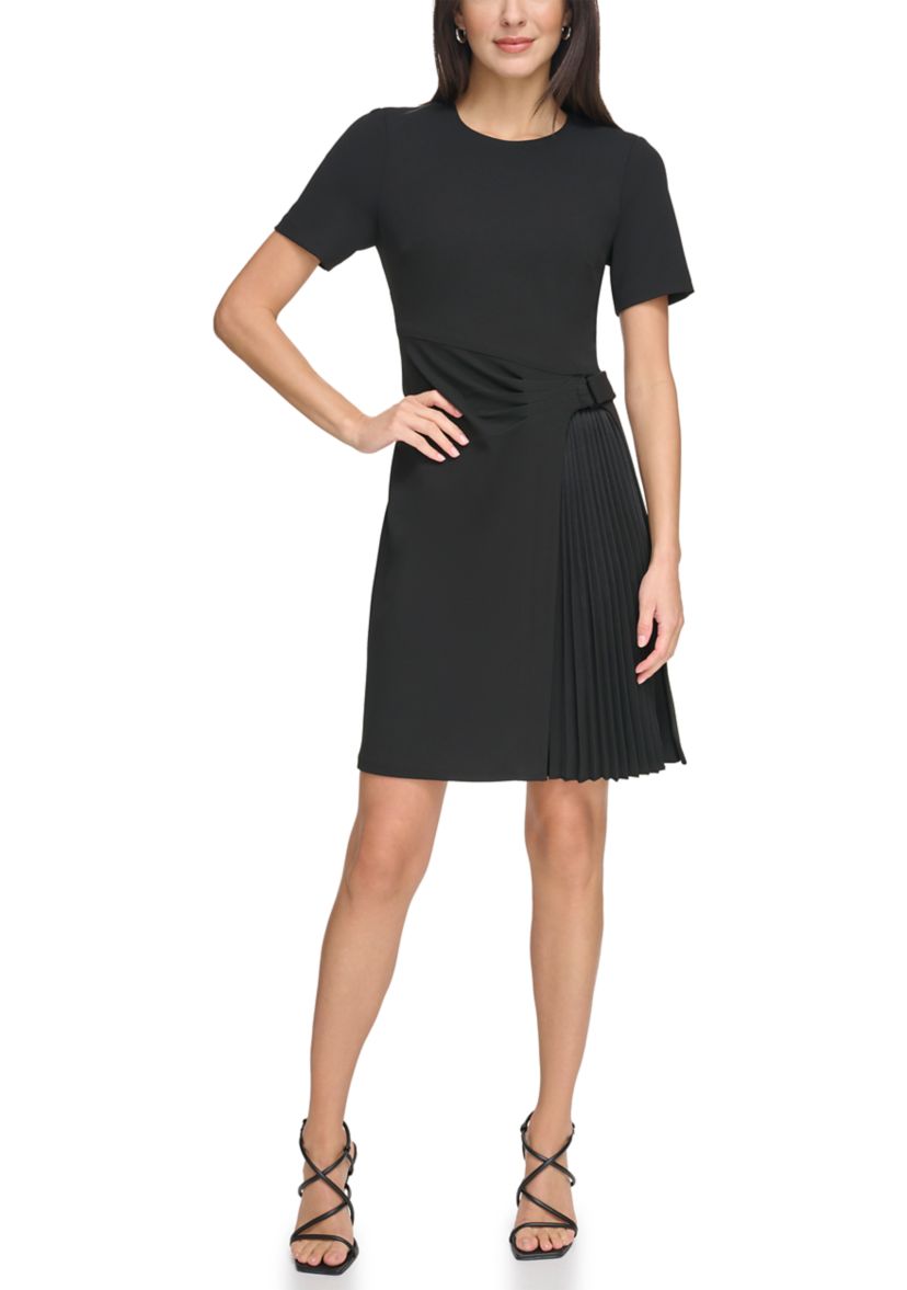 Womens Short Sleeve Belt Waist Solid Fit and Flare Dress