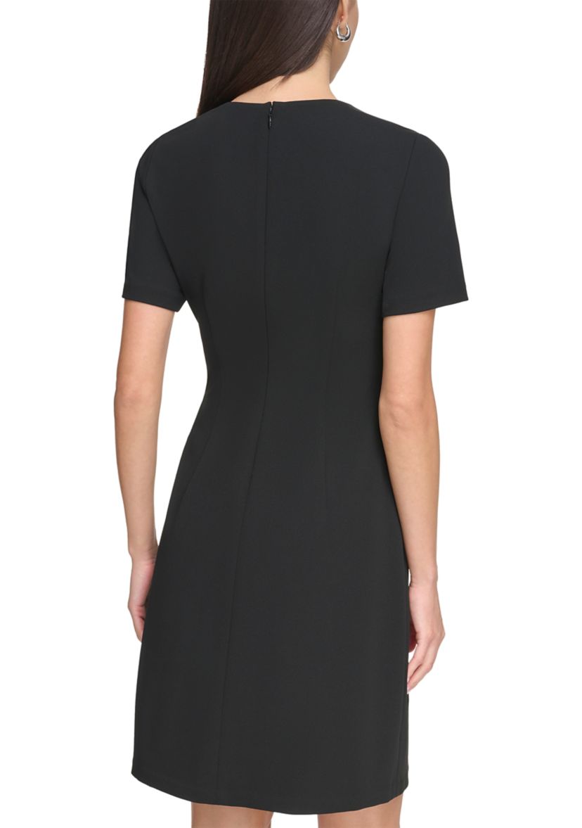 Womens Short Sleeve Belt Waist Solid Fit and Flare Dress