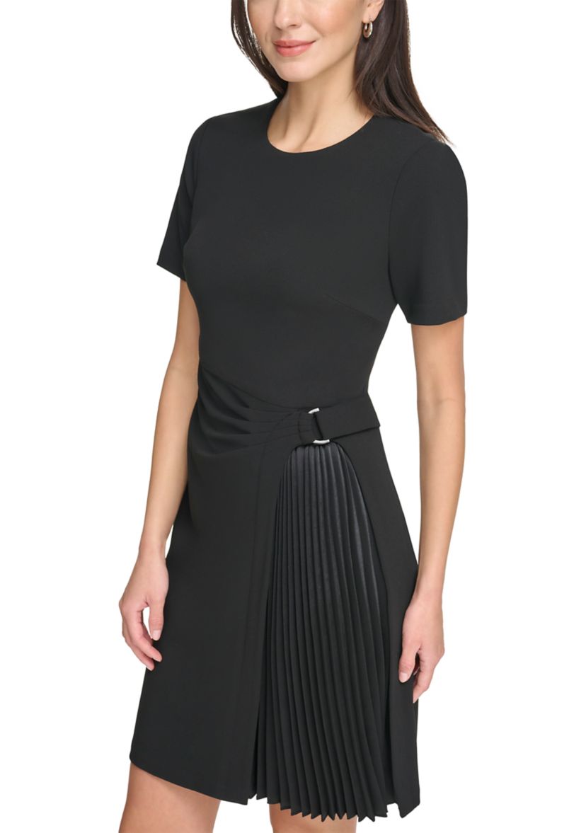 Womens Short Sleeve Belt Waist Solid Fit and Flare Dress