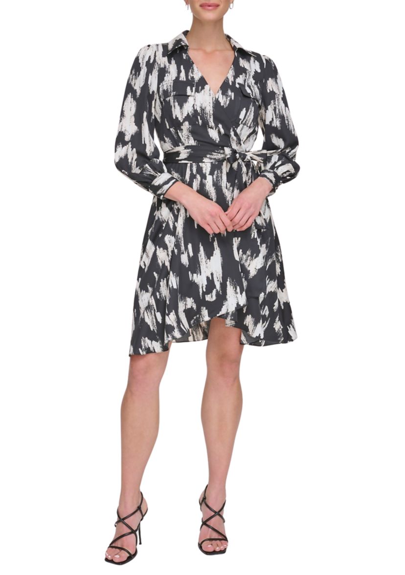 Womens 3/4 Sleeve Collar Neck Printed Fit and Flare Dress