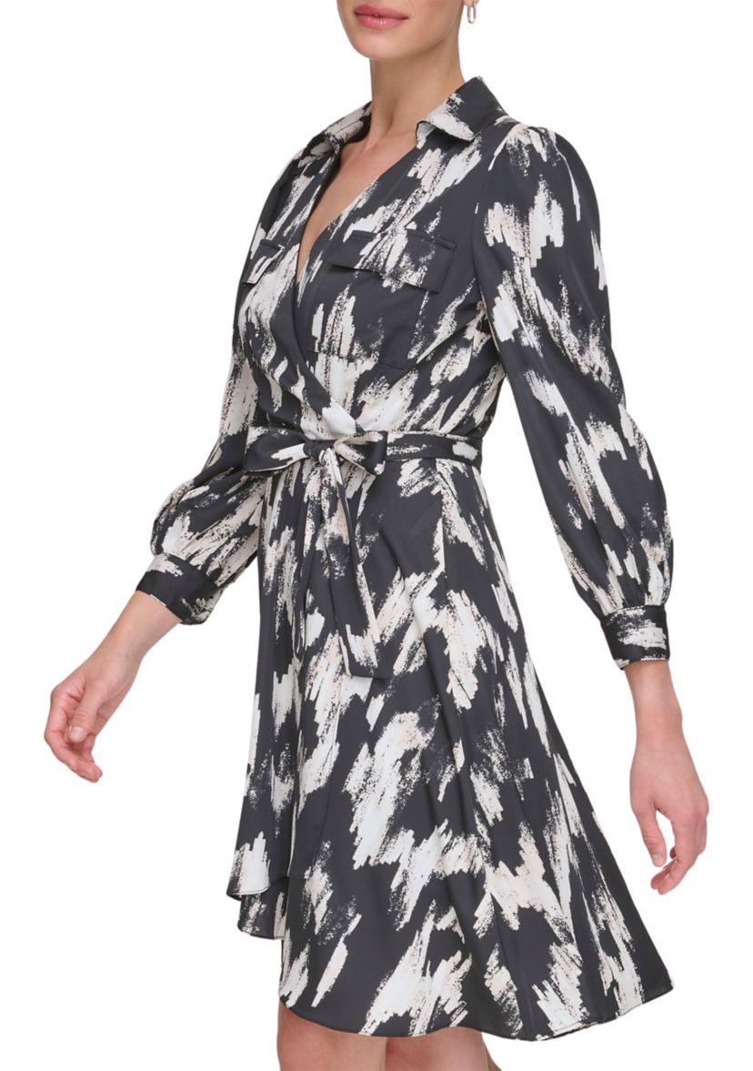 Womens 3/4 Sleeve Collar Neck Printed Fit and Flare Dress