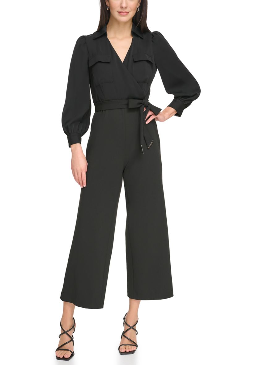 Womens Long Sleeve Collar Neck Solid Jumpsuit