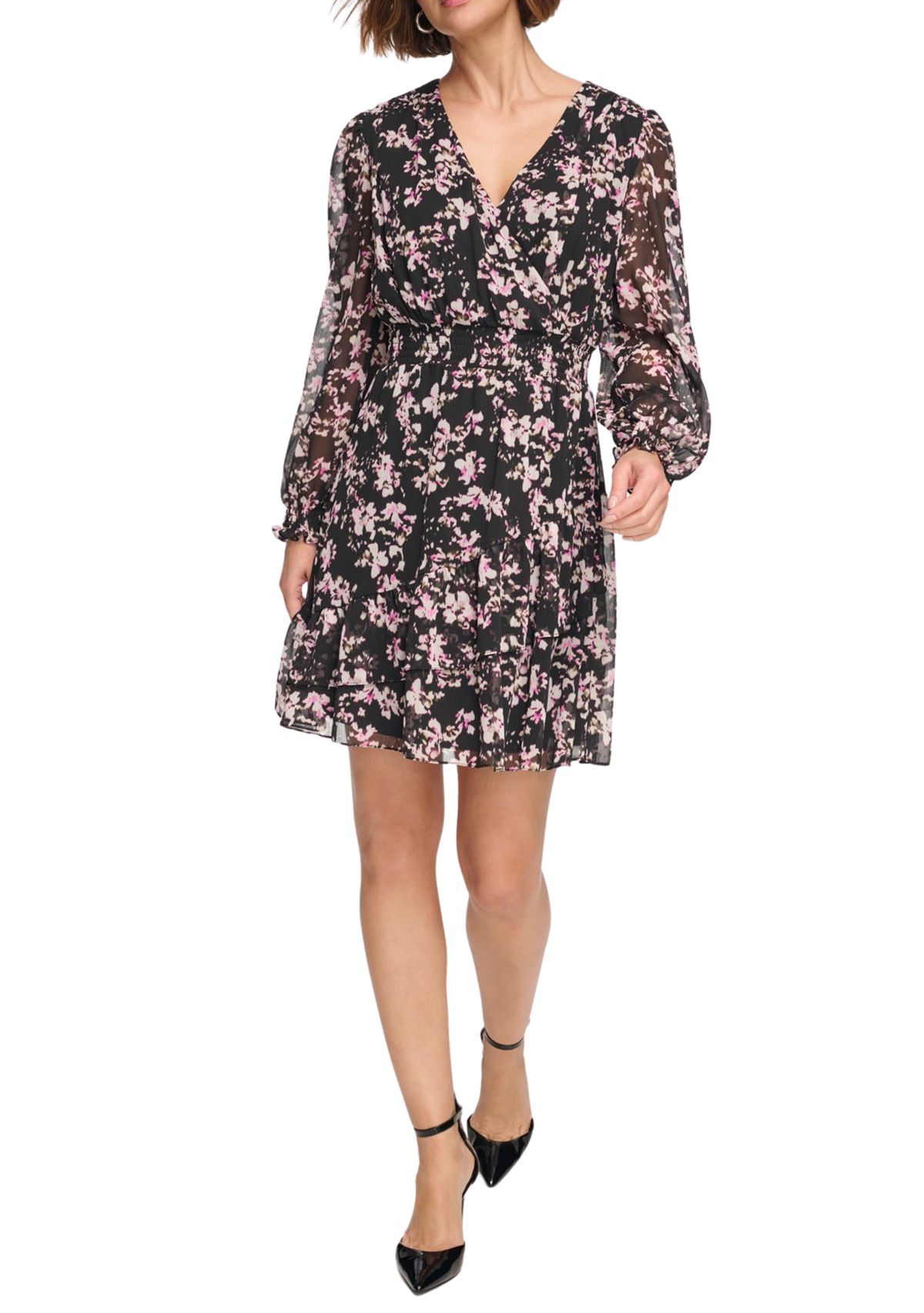 Womens Long Sleeve V-Neck Floral Print Fit and Flare Dress