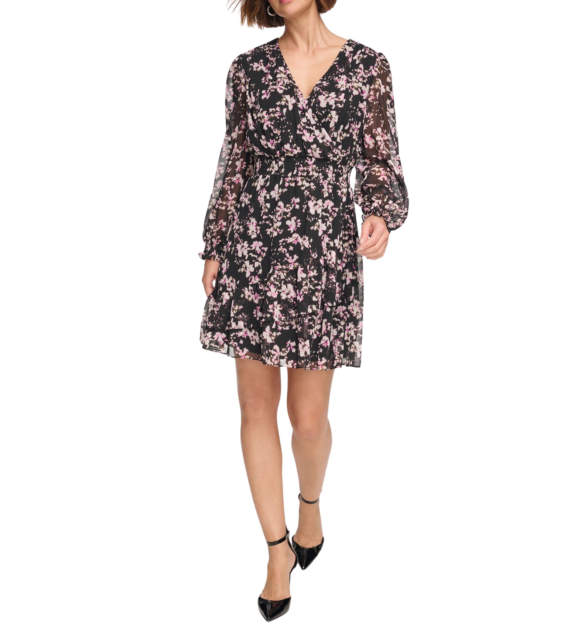 Womens Long Sleeve V-Neck Floral Print Fit and Flare Dress