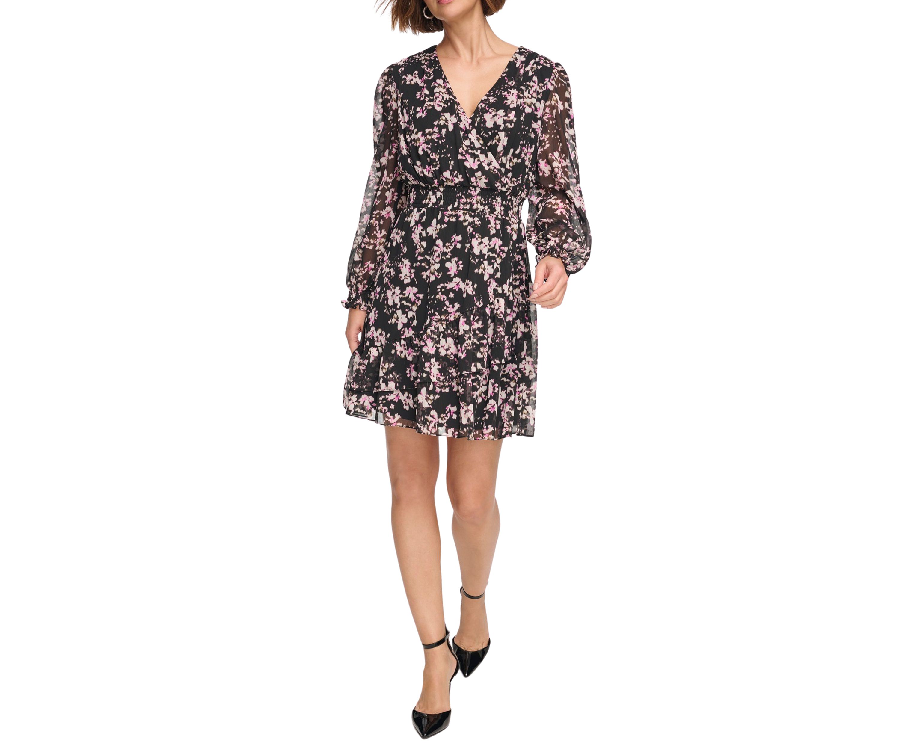 Womens Long Sleeve V-Neck Floral Print Fit and Flare Dress